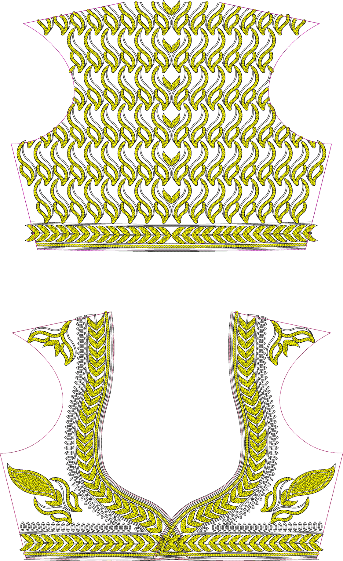 Embroidery design: A decorative embroidery design featuring repeating yellow leaf or flame motifs with a chevron border and symmetrical nec