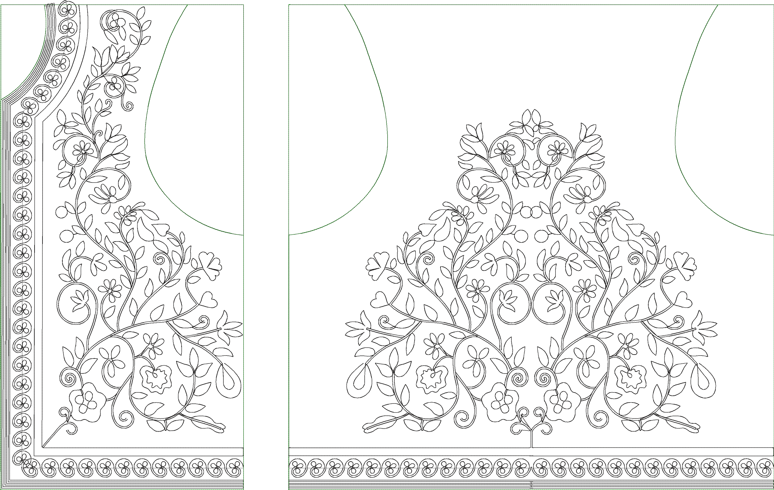 Embroidery design: A black and white line drawing of an embroidery design featuring a decorative floral and vine motif with a border along 