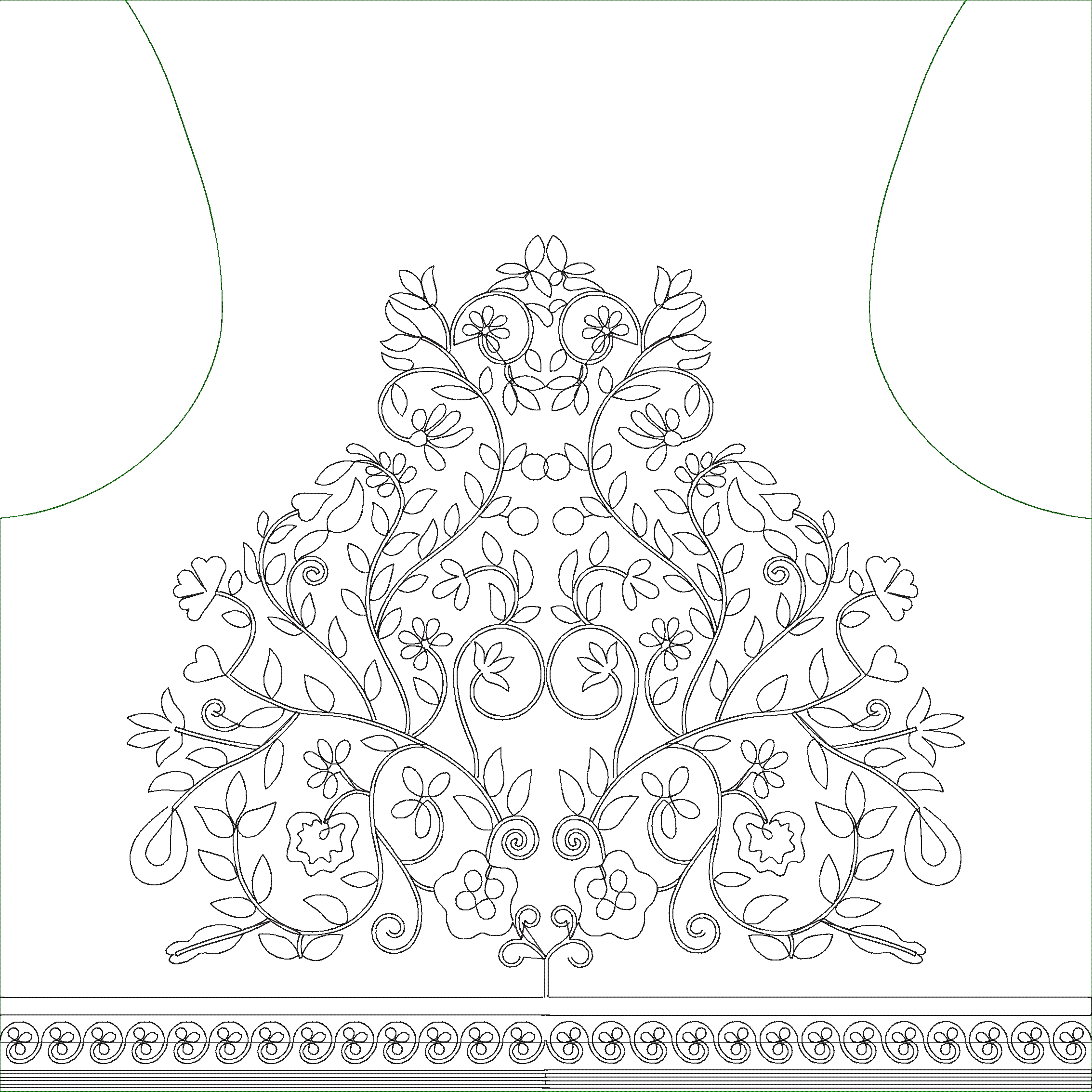 Embroidery design: A symmetrical black and white embroidery design featuring a central floral and vine motif with a decorative border. The 