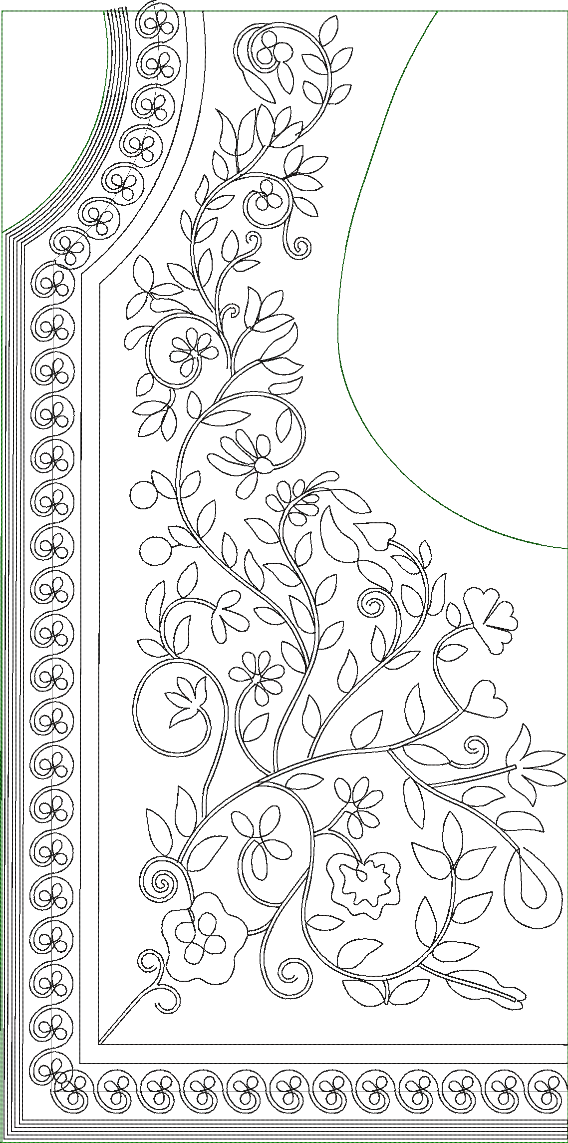 Embroidery design: An ornamental embroidery design featuring black outlines of floral and vine motifs with repeating scrollwork borders on 