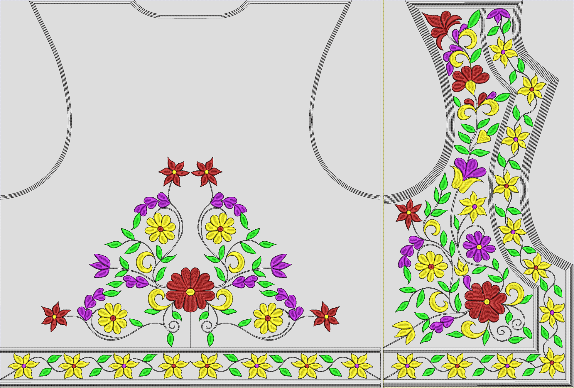 Embroidery design: An embroidery design featuring red, yellow, and purple flowers with green leaves, arranged in a triangular motif on the 