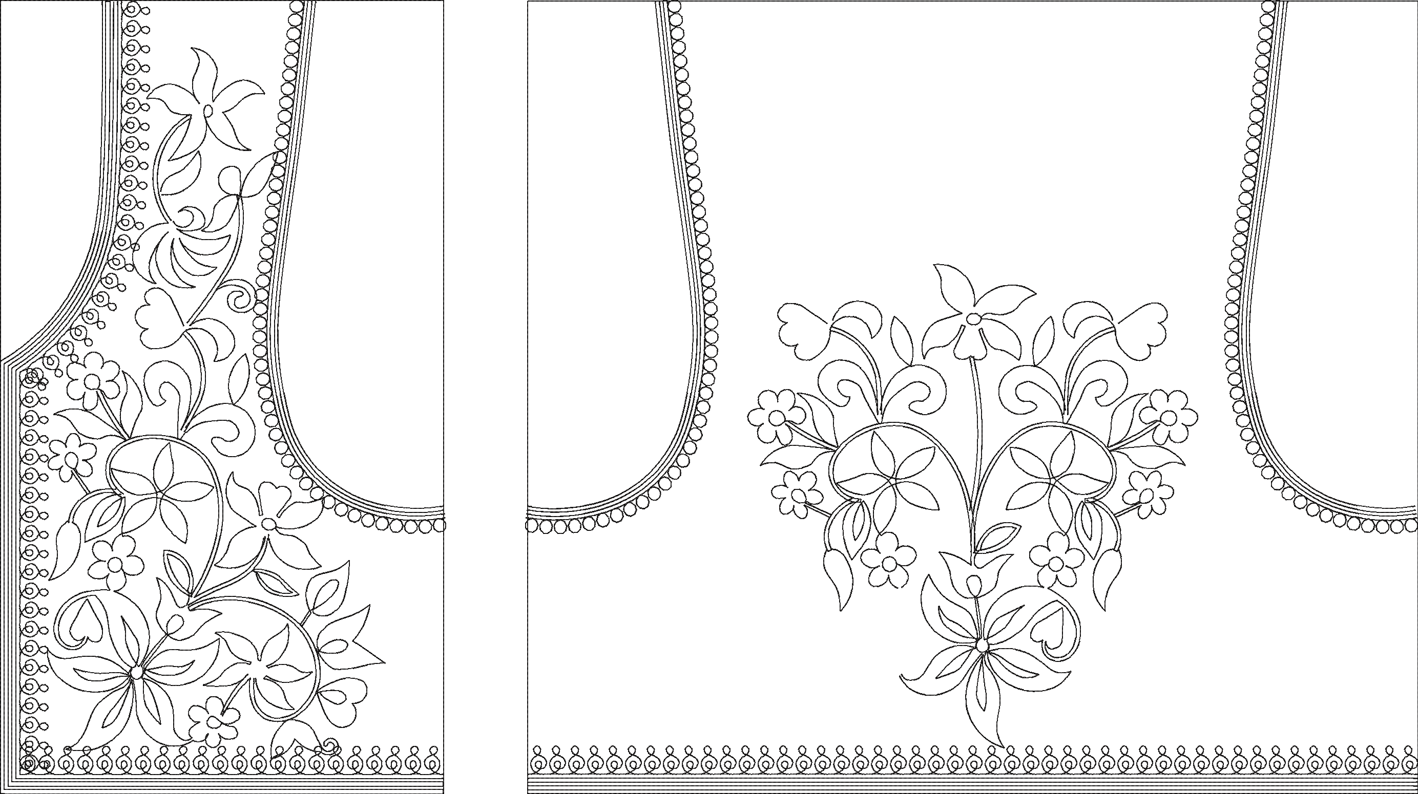 Embroidery design: Embroidery design featuring floral and foliate motifs with decorative borders, suitable for necklines and trims. It incl