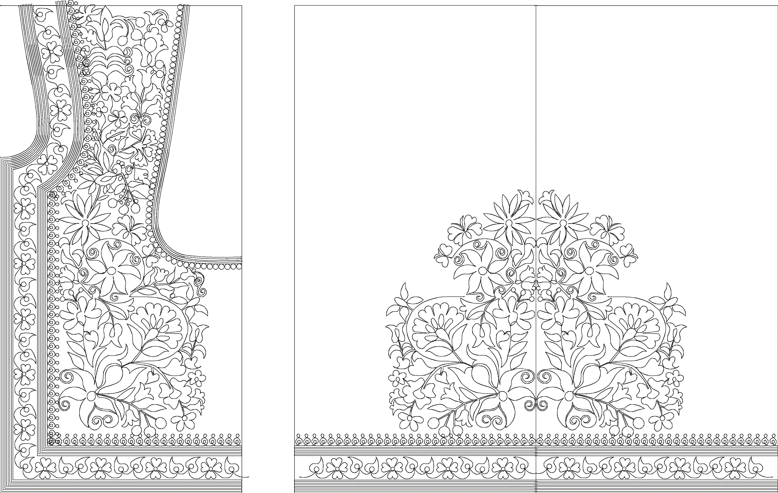 Embroidery design: A black and white embroidery design featuring a detailed neckline panel and a lower garment panel, both filled with symm