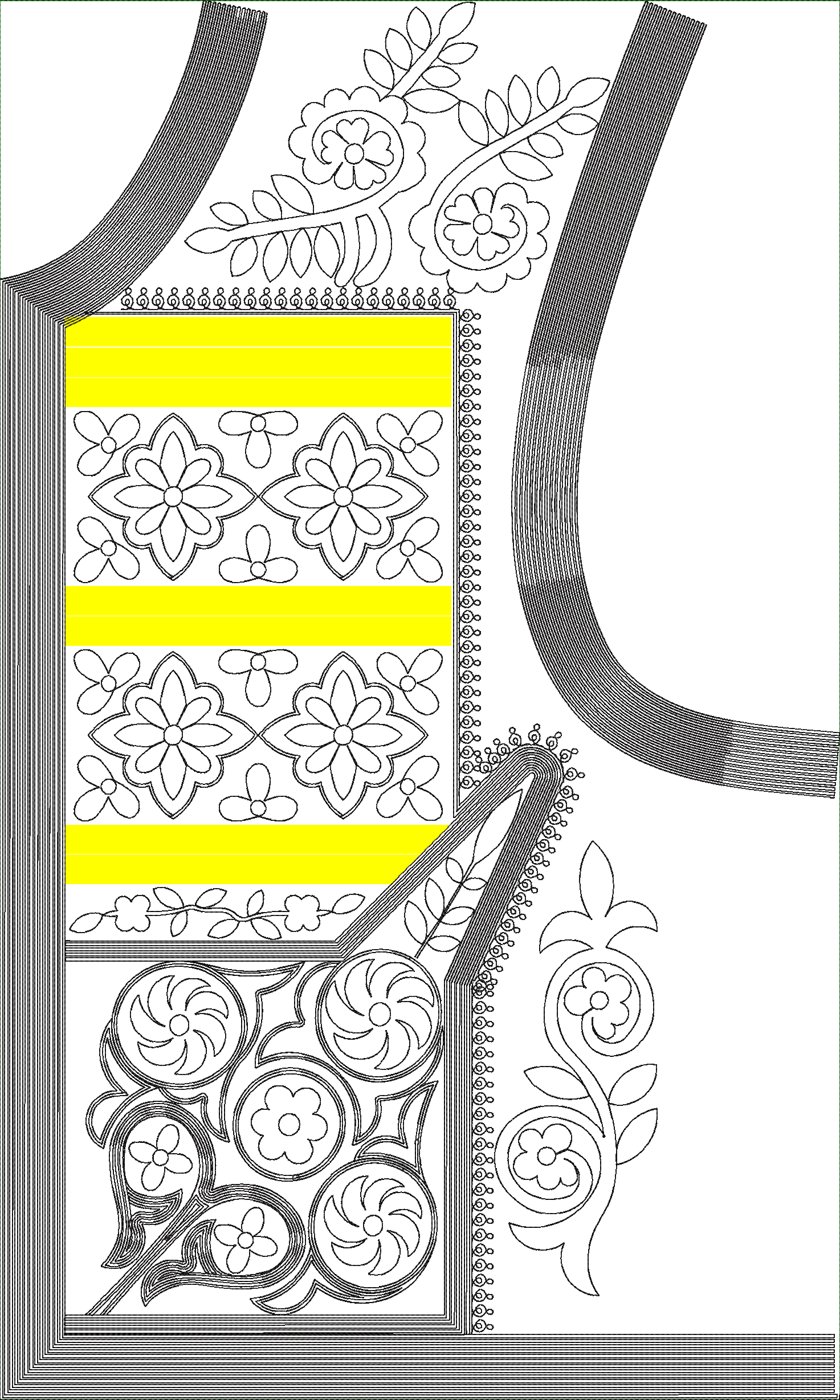 Embroidery design: An embroidery design with black and white floral and geometric motifs, featuring repeating borders and corner elements w