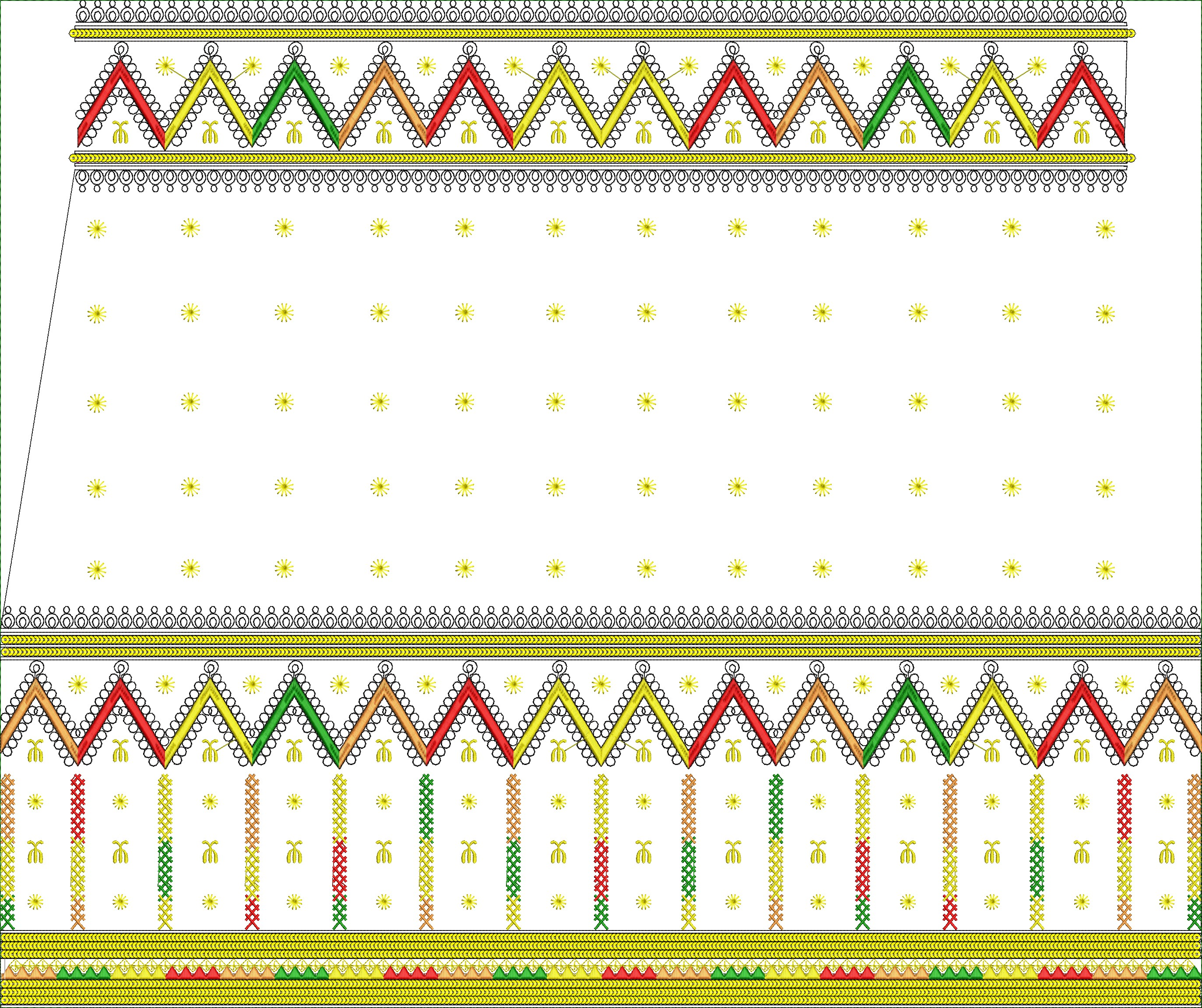 Embroidery design: An embroidery design featuring colorful geometric borders with zigzag and chevron patterns, scattered yellow star and bo
