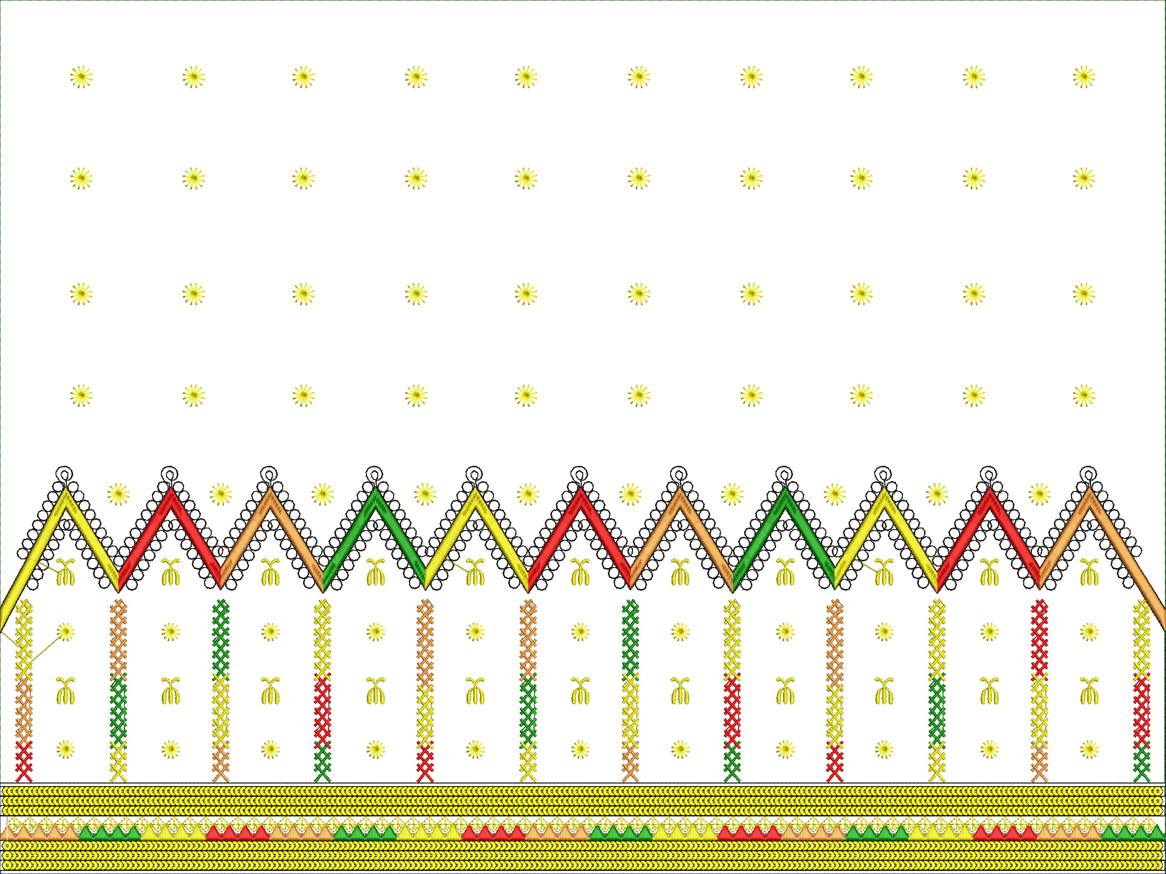 Embroidery design: An embroidery design featuring a zig-zag border with triangular shapes in red, orange, green, and yellow, with scattered