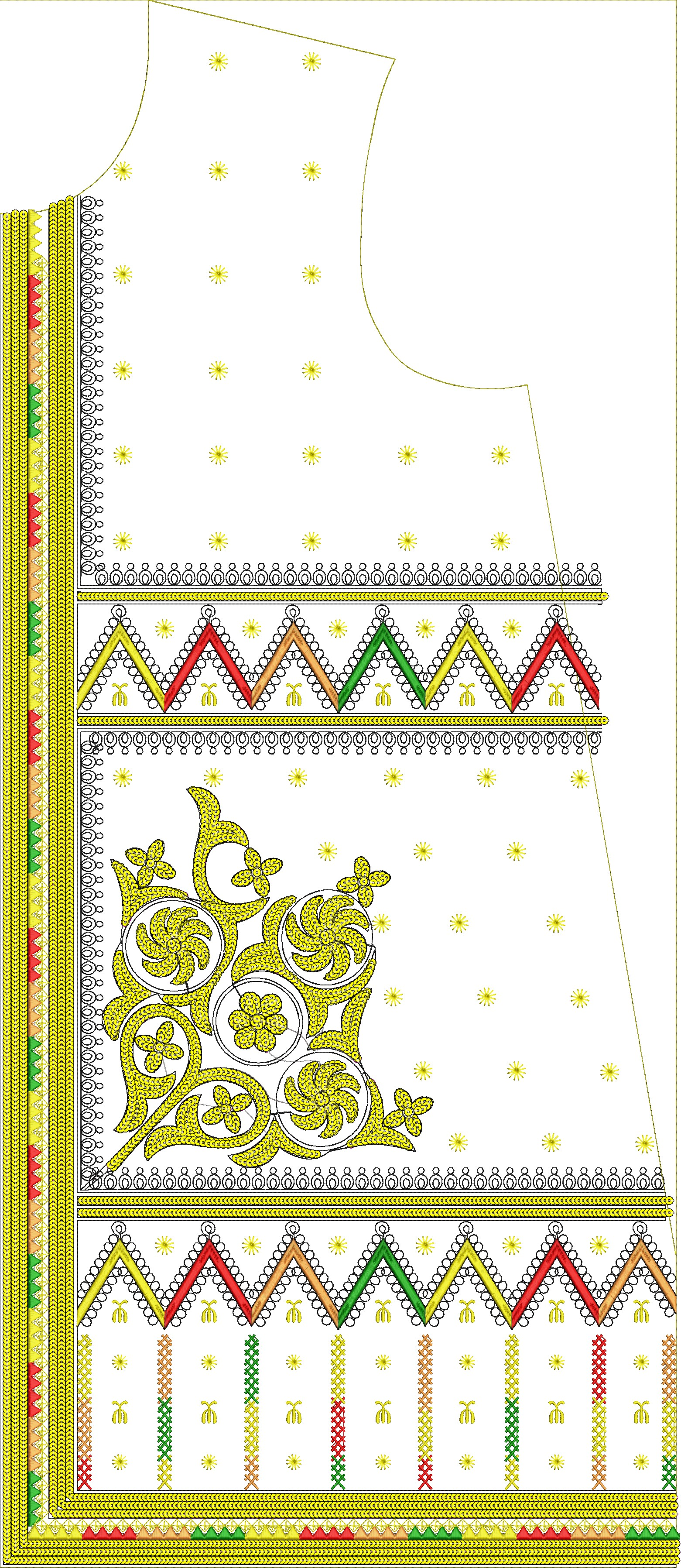 Embroidery design: A decorative embroidery design featuring a vibrant multi-colored geometric and floral border with yellow, red, green, an