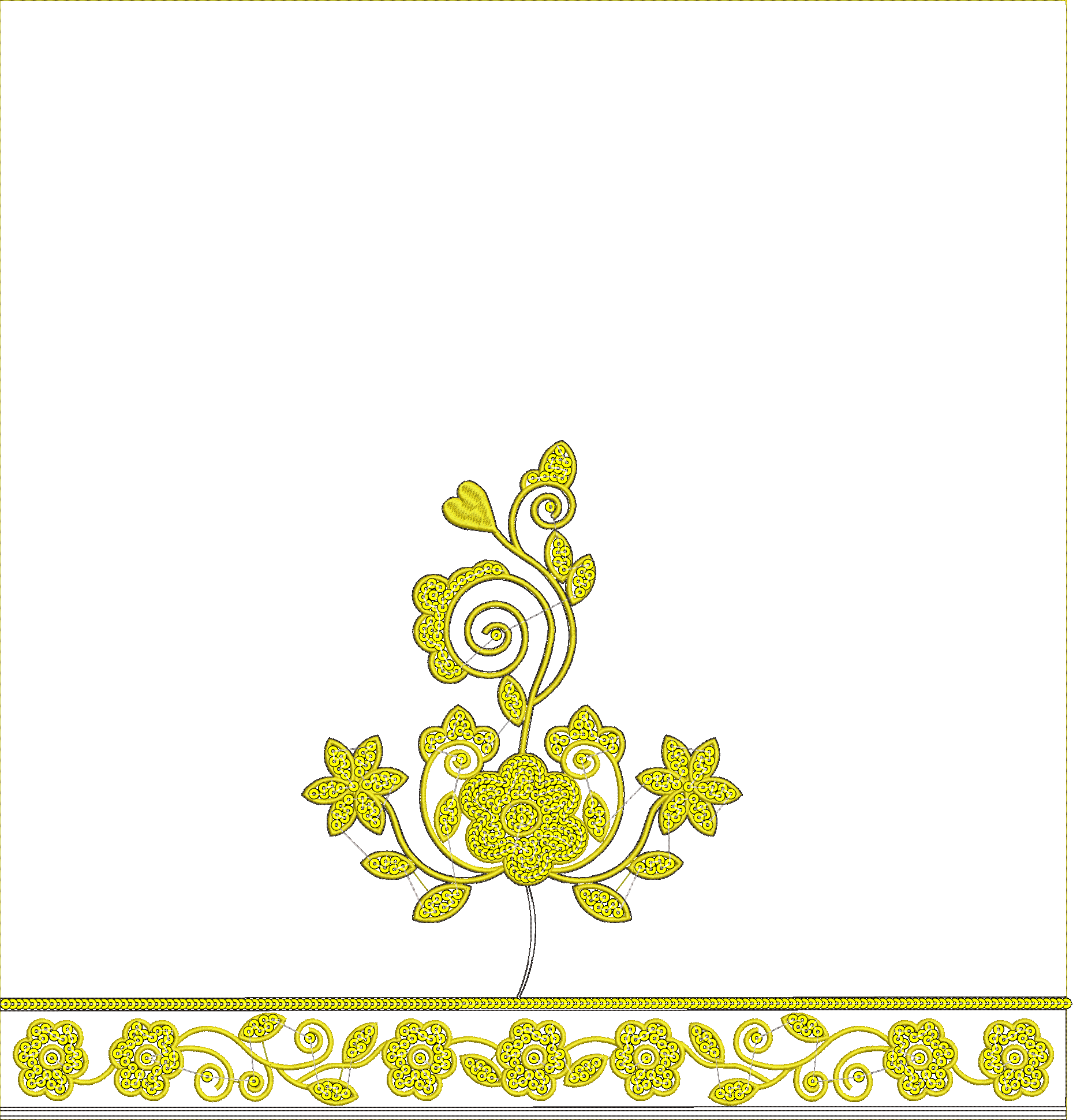 Embroidery design: A golden embroidery design featuring a central floral motif with scrolling vines and leaves, and a repeating floral and 