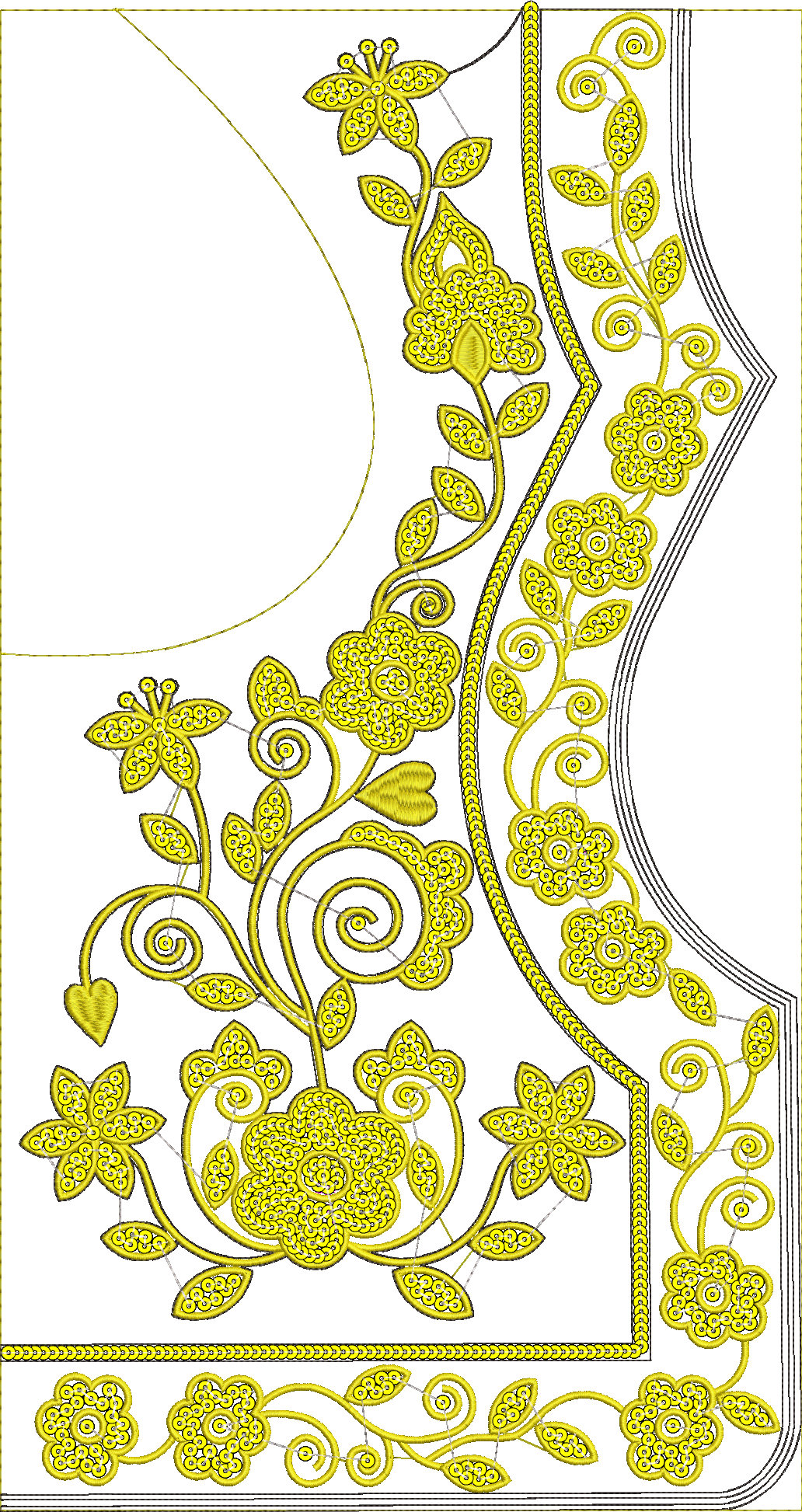 Embroidery design: An ornamental embroidery design in golden yellow thread on a white background, featuring a dense arrangement of stylized