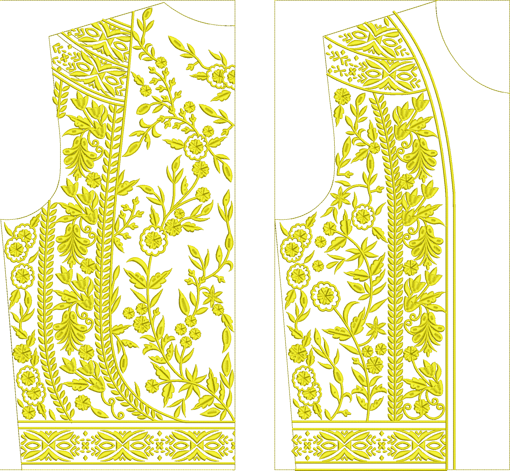 Embroidery design: A yellow embroidery design featuring intricate floral and vine motifs, with a decorative border along the bottom and ver