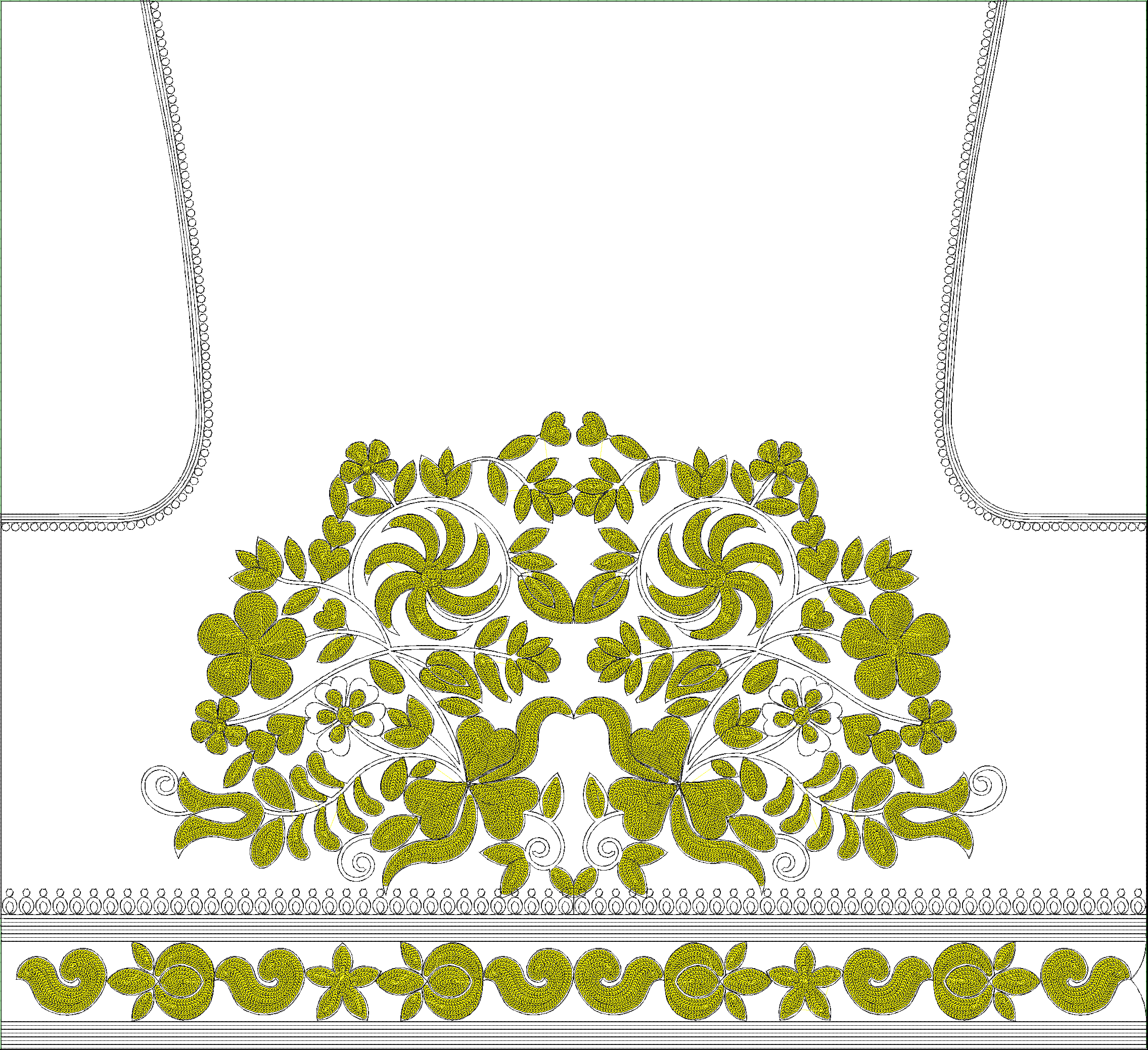 Embroidery design: A symmetrical embroidery design featuring a central yellowish-green floral motif with swirling leaves and a decorative b