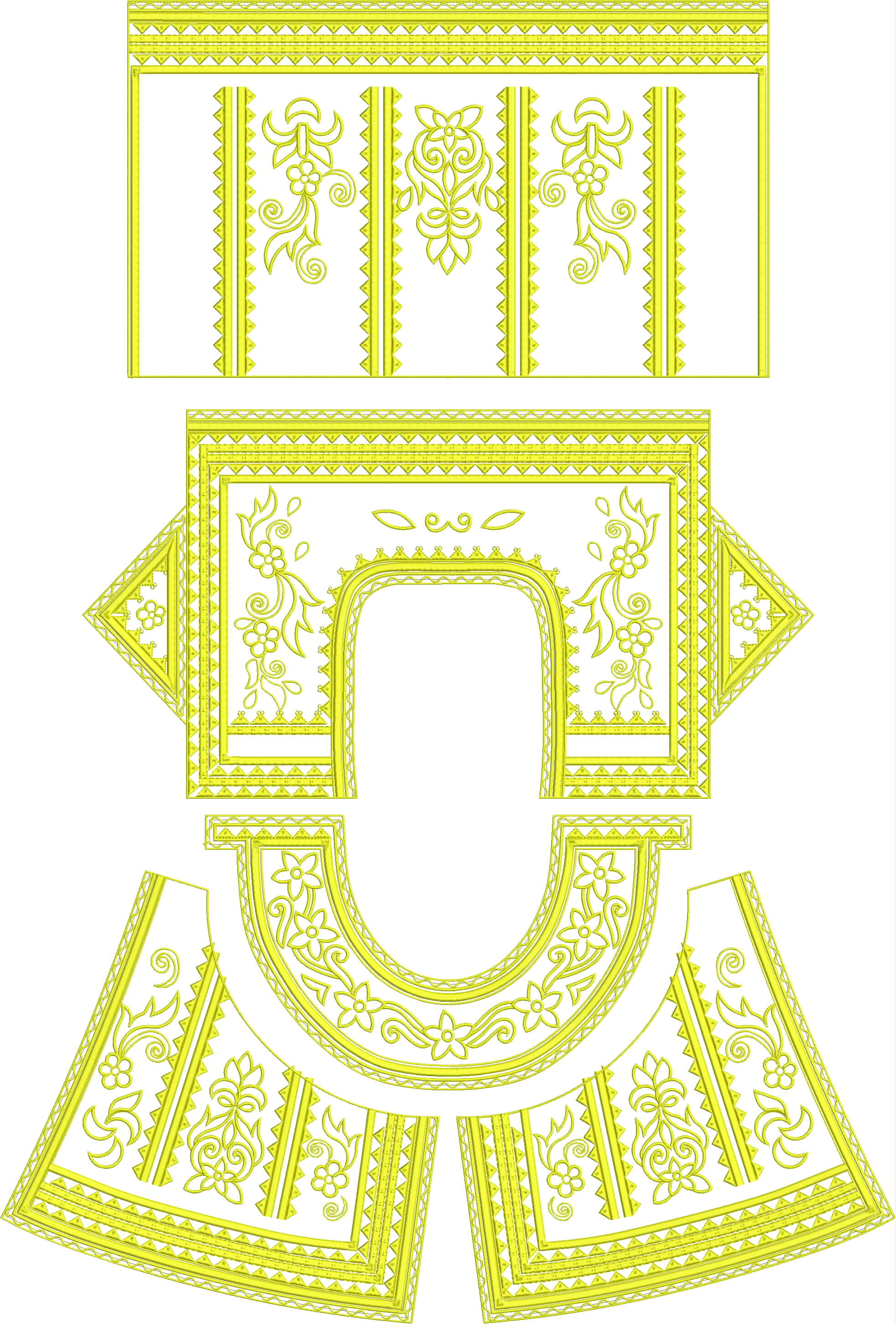 Embroidery design: An embroidery design featuring yellow ornamental floral and geometric patterns, likely intended for garment trim such as