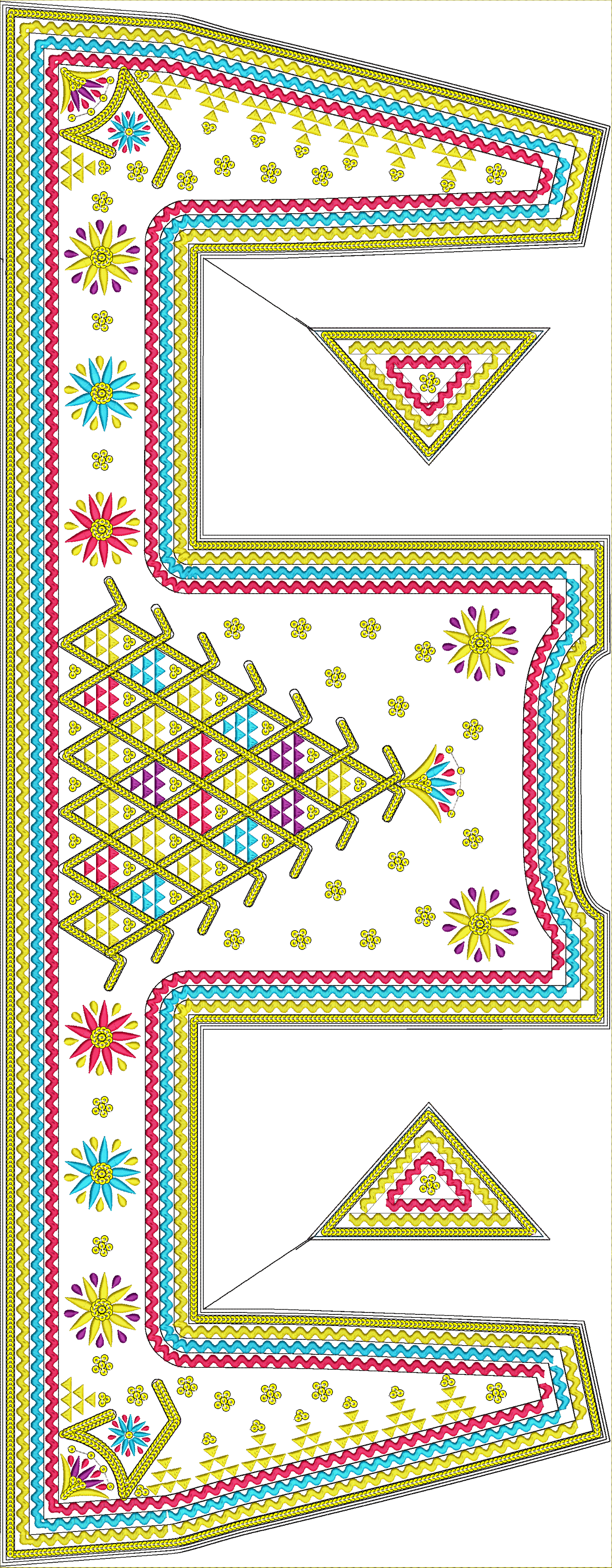 Embroidery design: A decorative embroidery design with a white background, featuring intricate borders in yellow, pink, and cyan. The desig