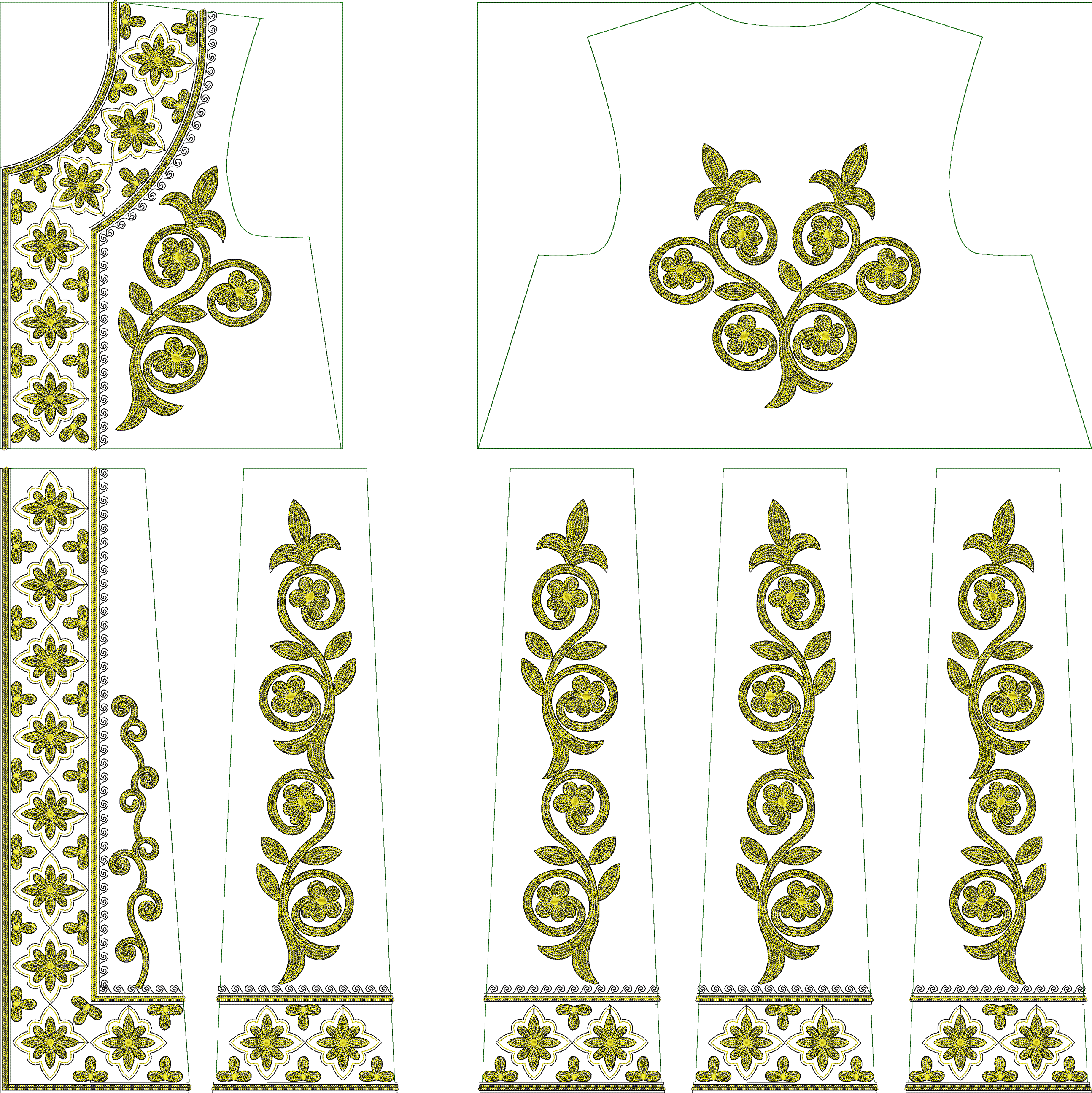 Embroidery design: An intricate embroidery design with golden-yellow floral and vine motifs, repeating symmetrical patterns, and decorative