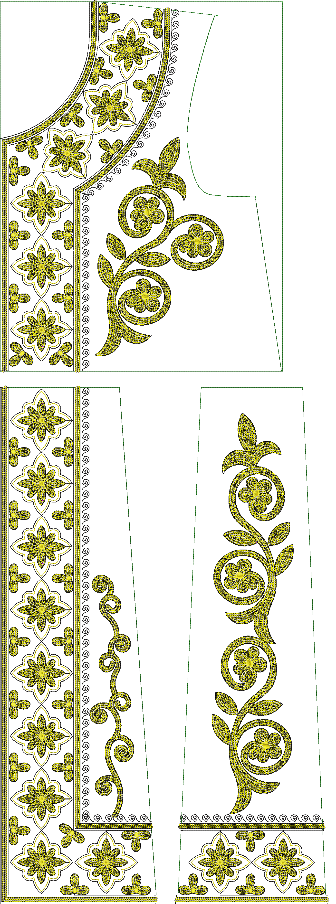 Embroidery design: A decorative embroidery design featuring repeating gold floral and vine motifs with ornamental borders on a white backgr