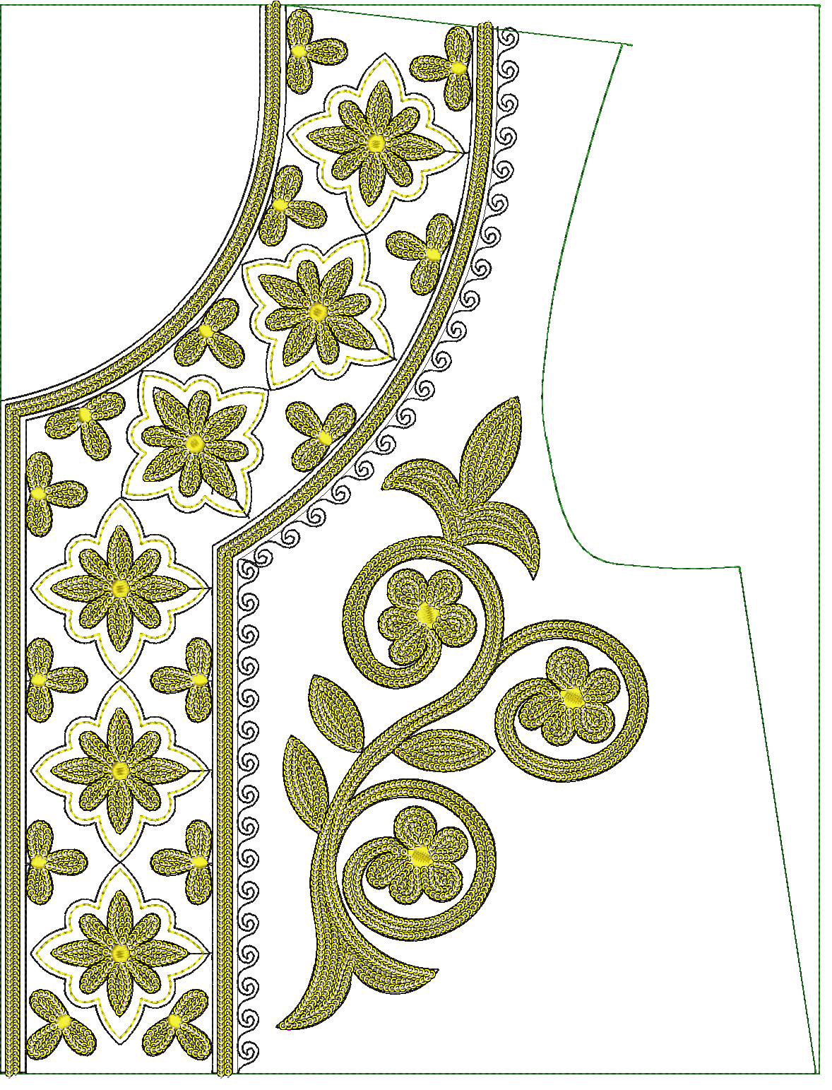 Embroidery design: A traditional and ornamental embroidery design for a neckline, featuring repeating yellow floral motifs with black outli