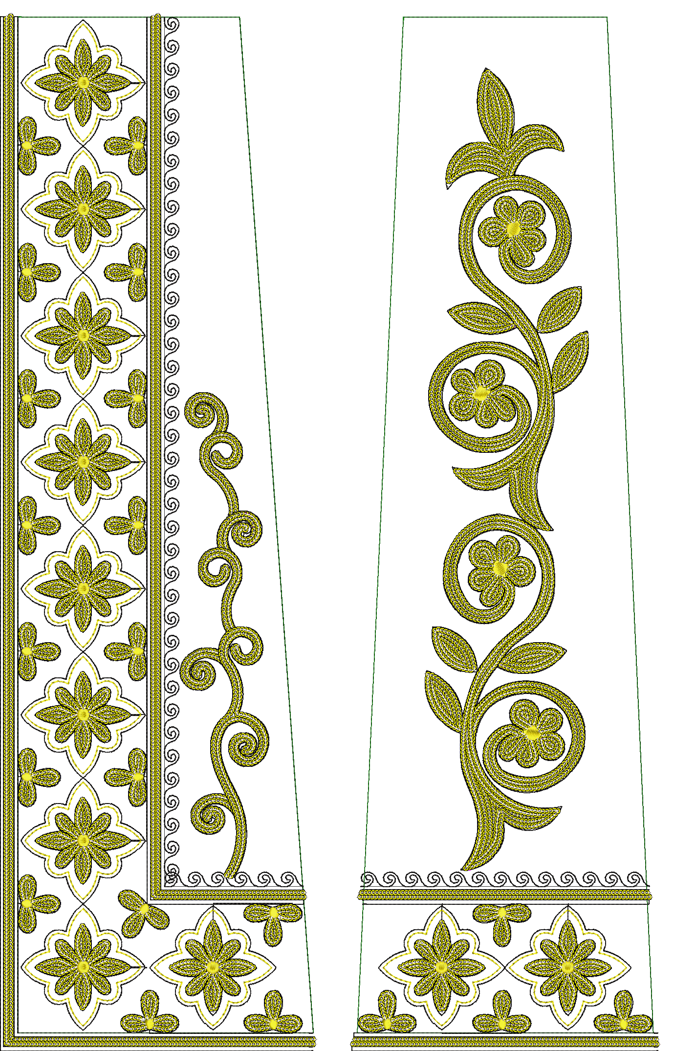 Embroidery design: Two embroidery design panels. The left panel is a repeating floral and geometric border. The right panel is a vertical v