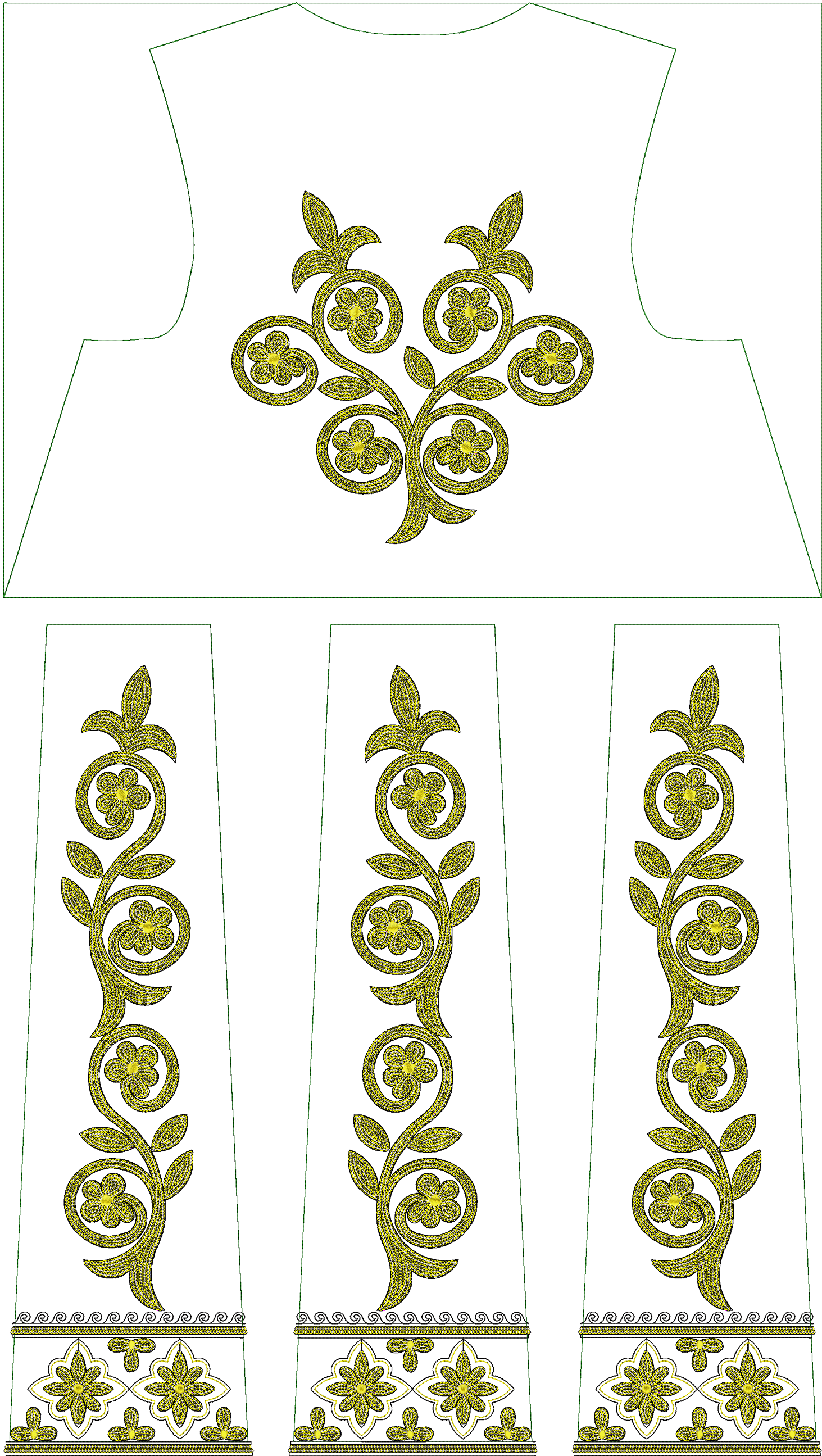 Embroidery design: A traditional embroidery design in golden-yellow, featuring scrolling floral and foliate motifs on a neckline panel and 