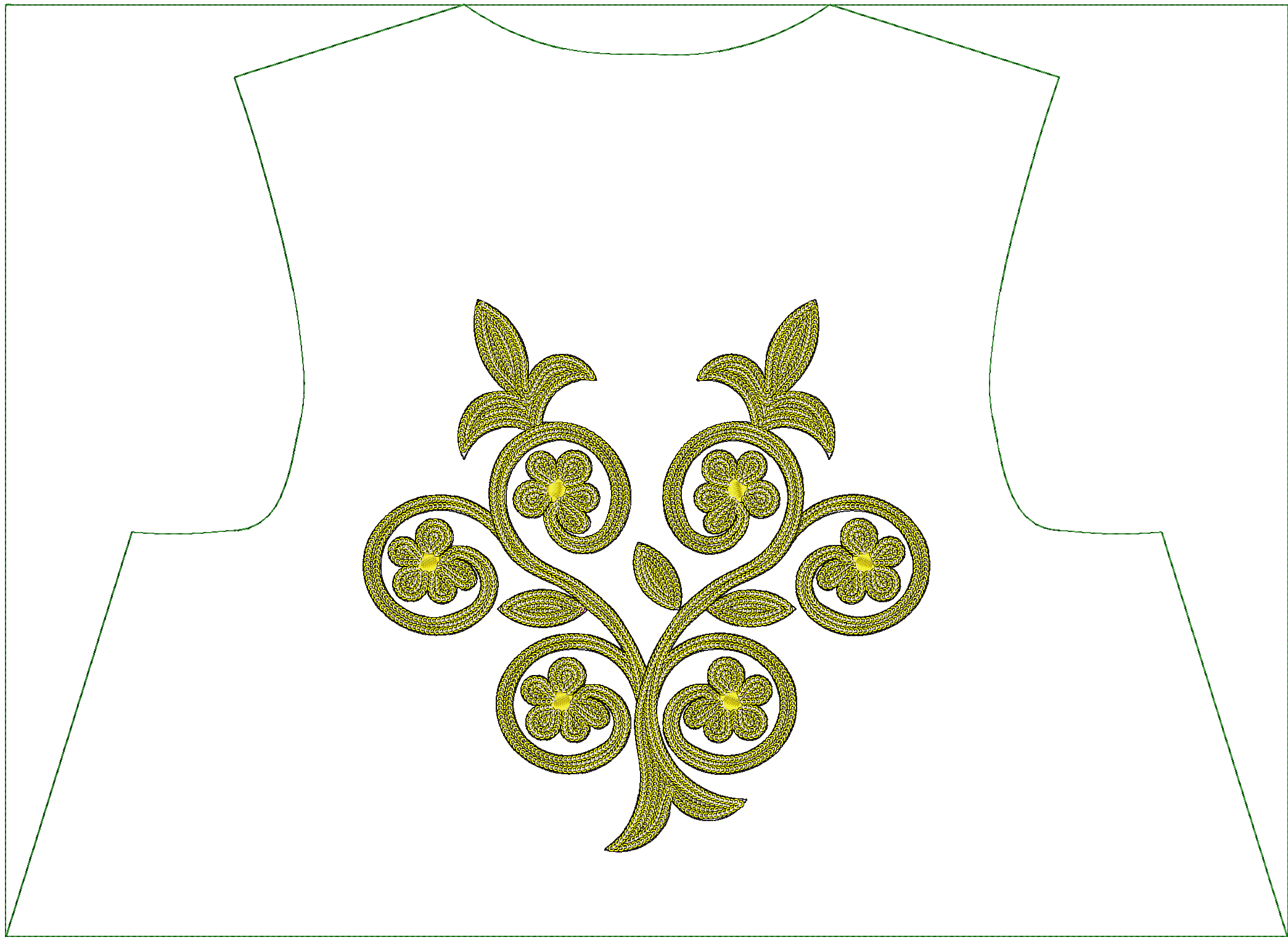 Embroidery design: A symmetrical embroidery design featuring a central motif of swirling vines, leaves, and flowers in yellow and olive gre
