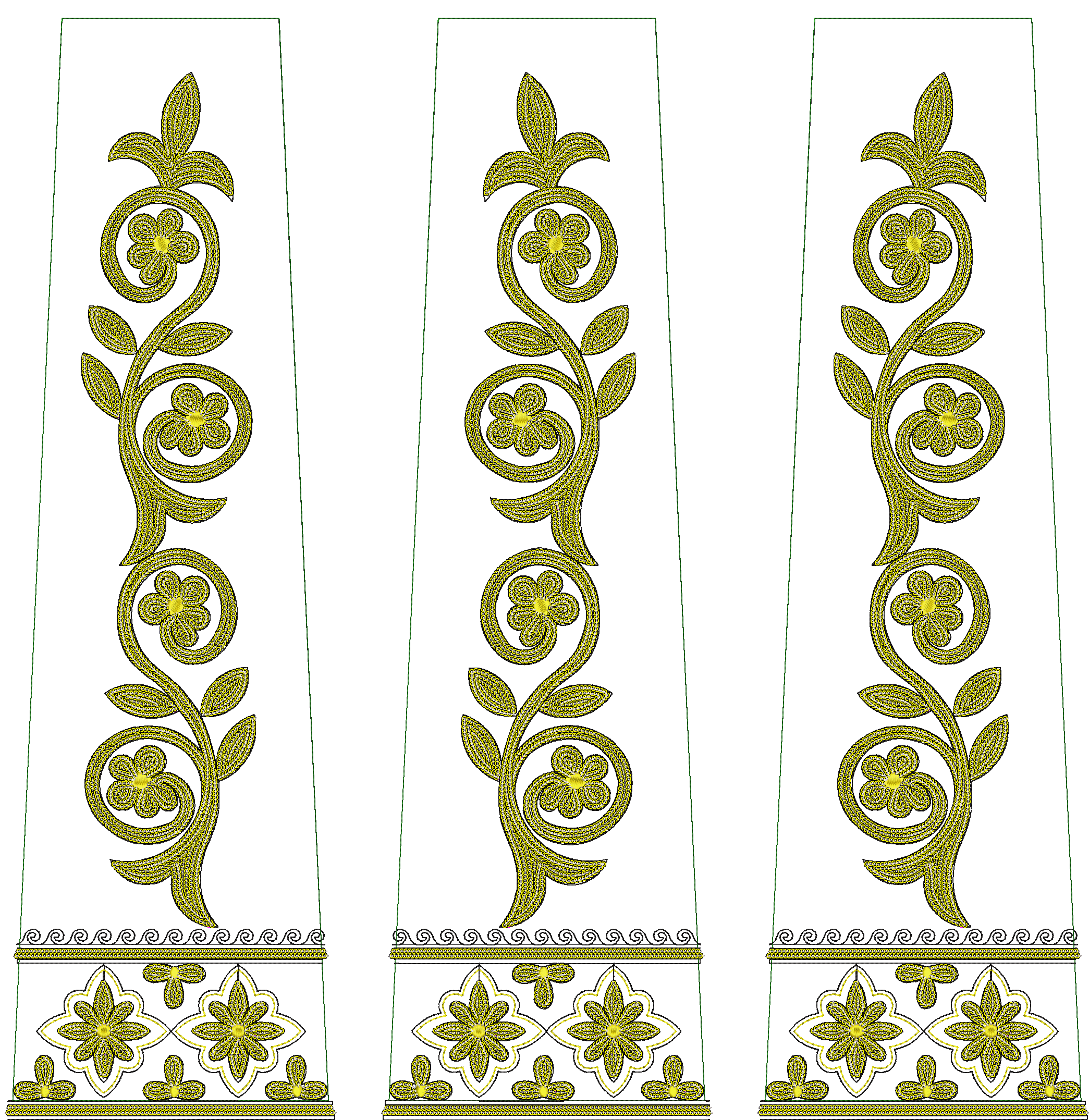 Embroidery design: Three vertical embroidery panels, each featuring a golden yellow scrolling vine with leaves and flowers, a wave border, 