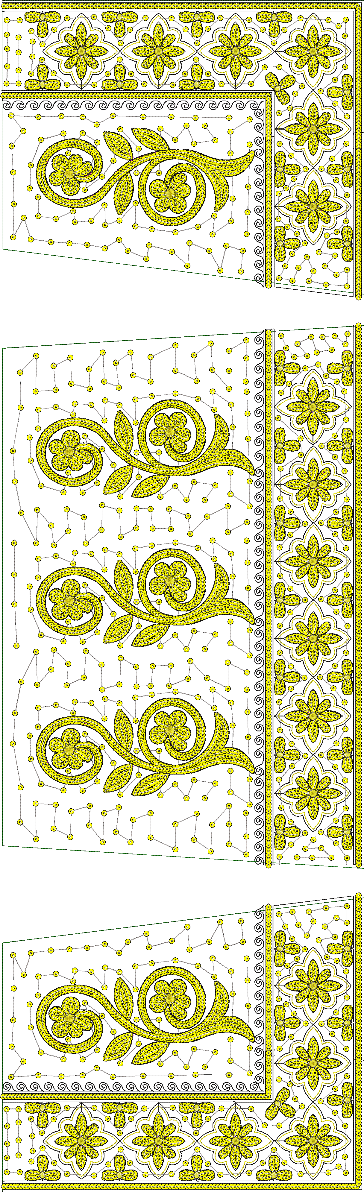 Embroidery design: An embroidery design featuring yellow and black repeating floral and geometric motifs with scrollwork and leaf elements,