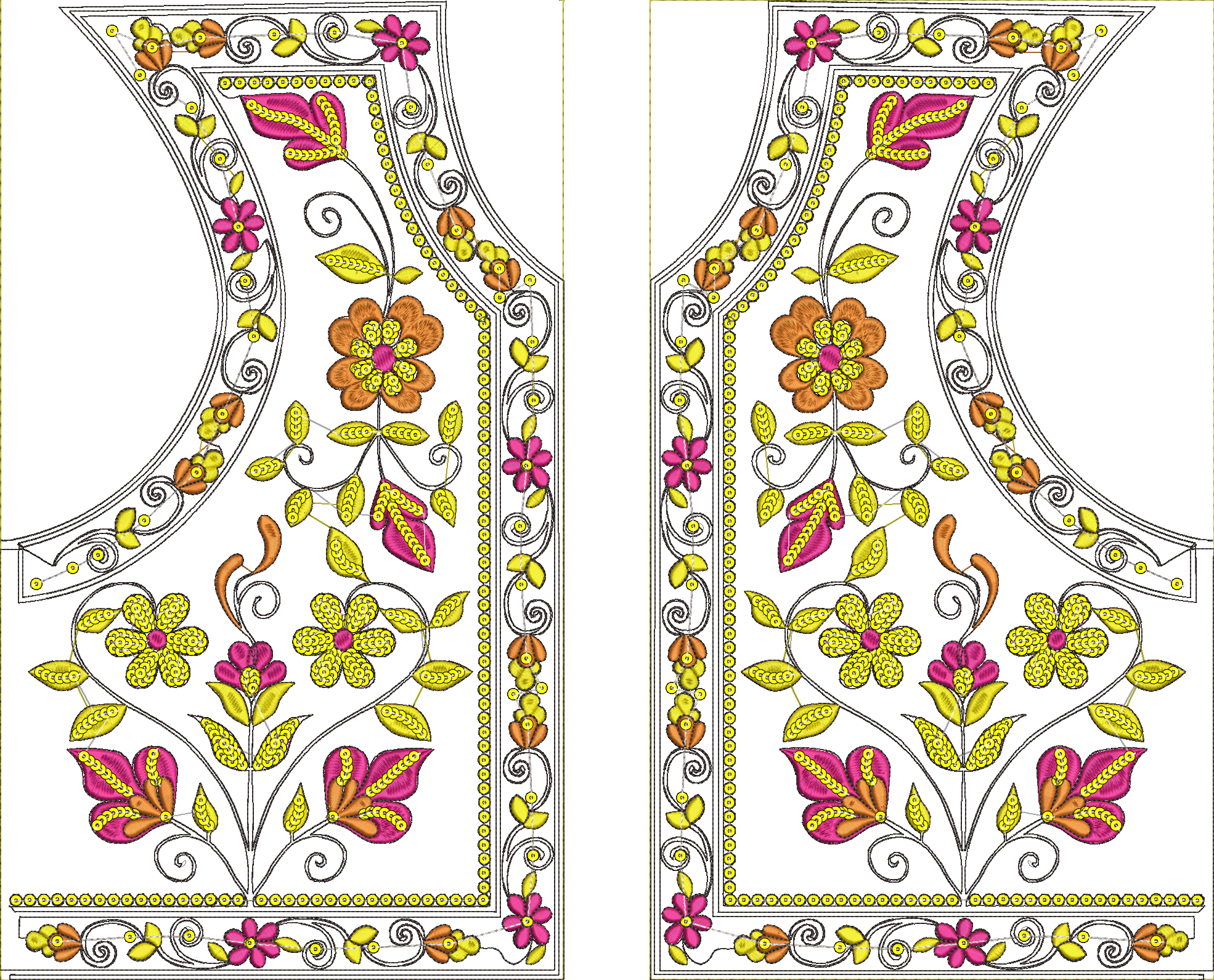 Embroidery design: A symmetrical floral and ornamental embroidery design for a neckline, featuring a mix of pink, orange, and yellow flower