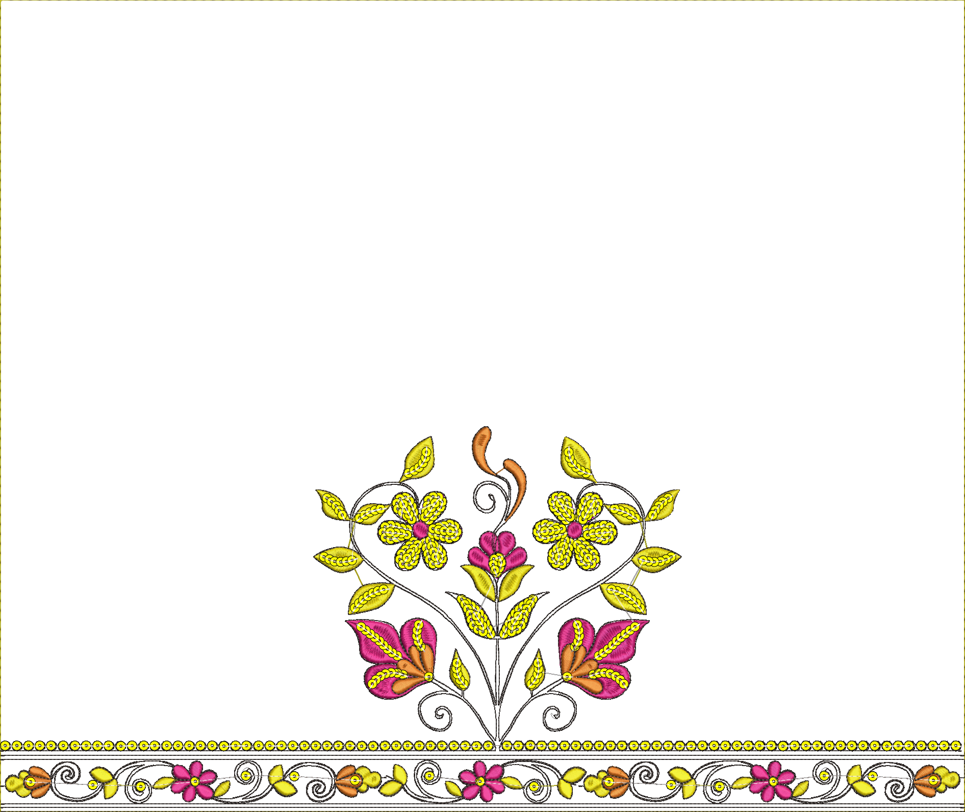 Embroidery design: An ornamental embroidery design featuring a symmetrical arrangement of yellow and pink stylized flowers and foliage, wit