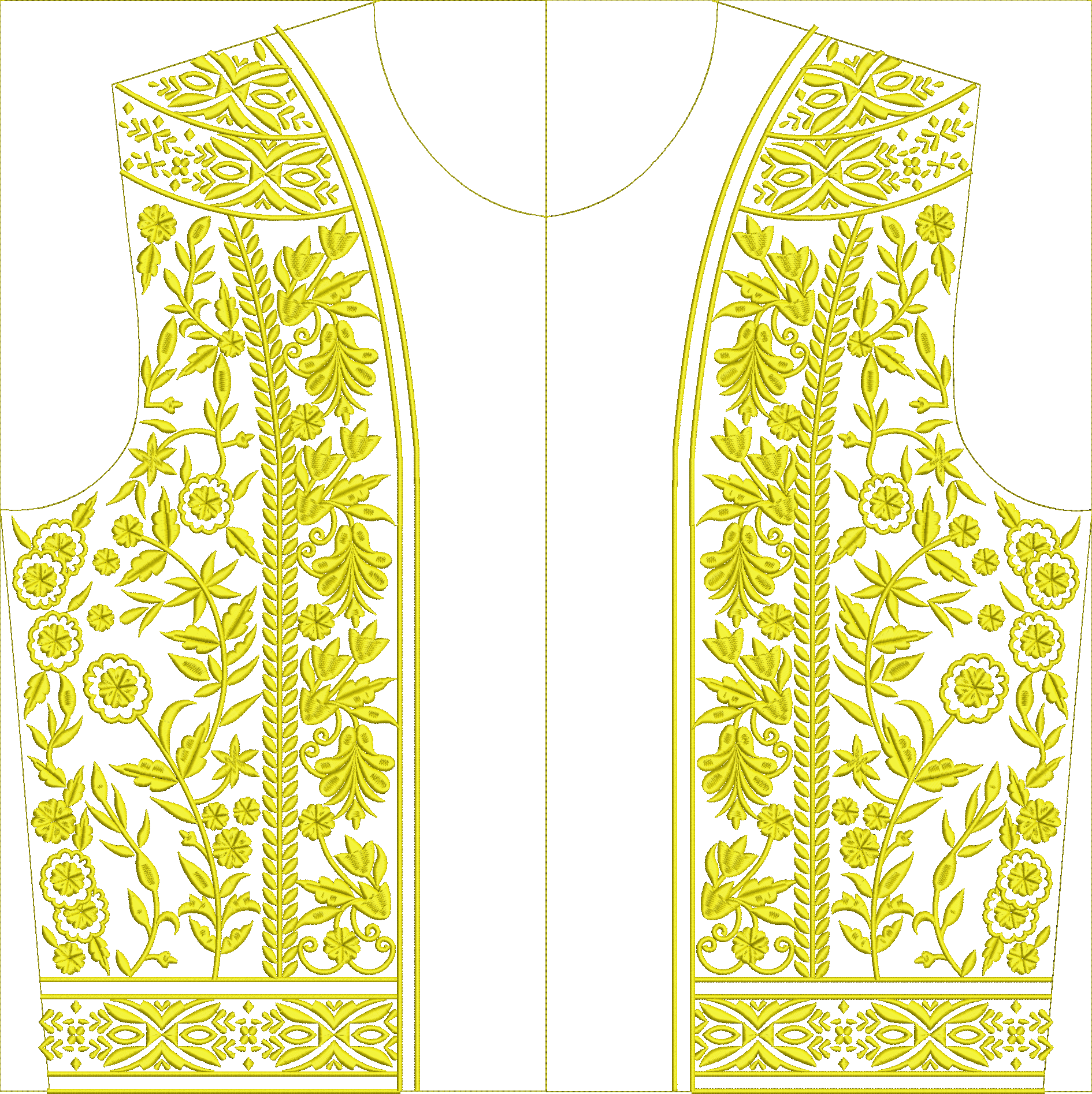 Embroidery design: A traditional ornamental embroidery design with dense yellow thread. Features a symmetrical arrangement of repeating vin