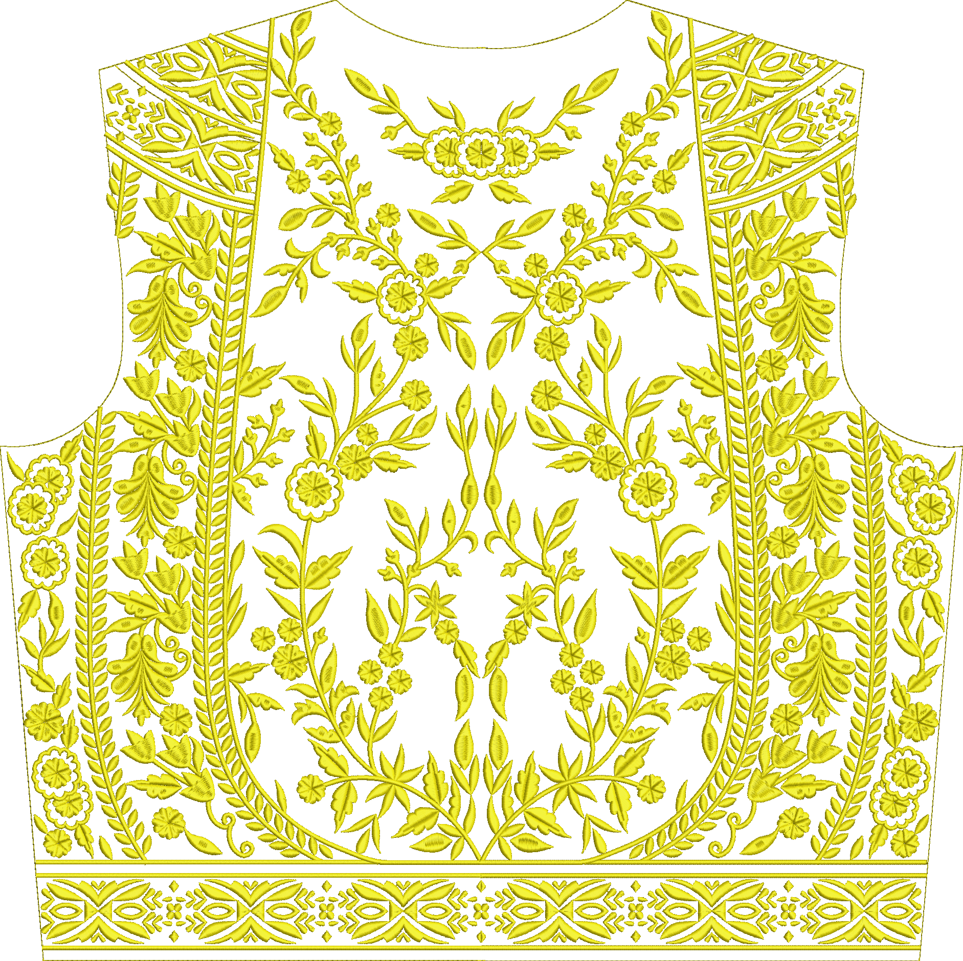 Embroidery design: An intricate yellow embroidery design featuring a symmetrical arrangement of floral and vine motifs with decorative bord
