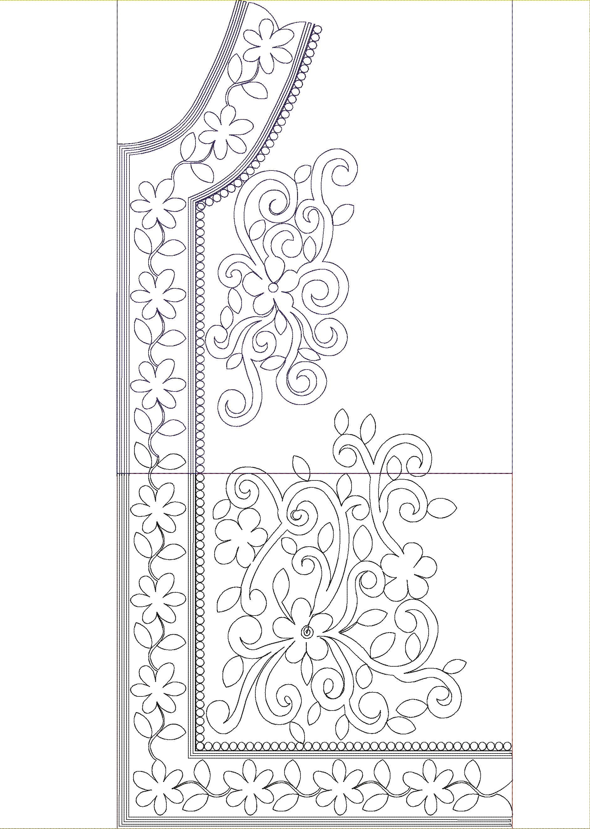 Embroidery design: An embroidery design featuring a navy blue neckline and trim with floral and vine motifs.