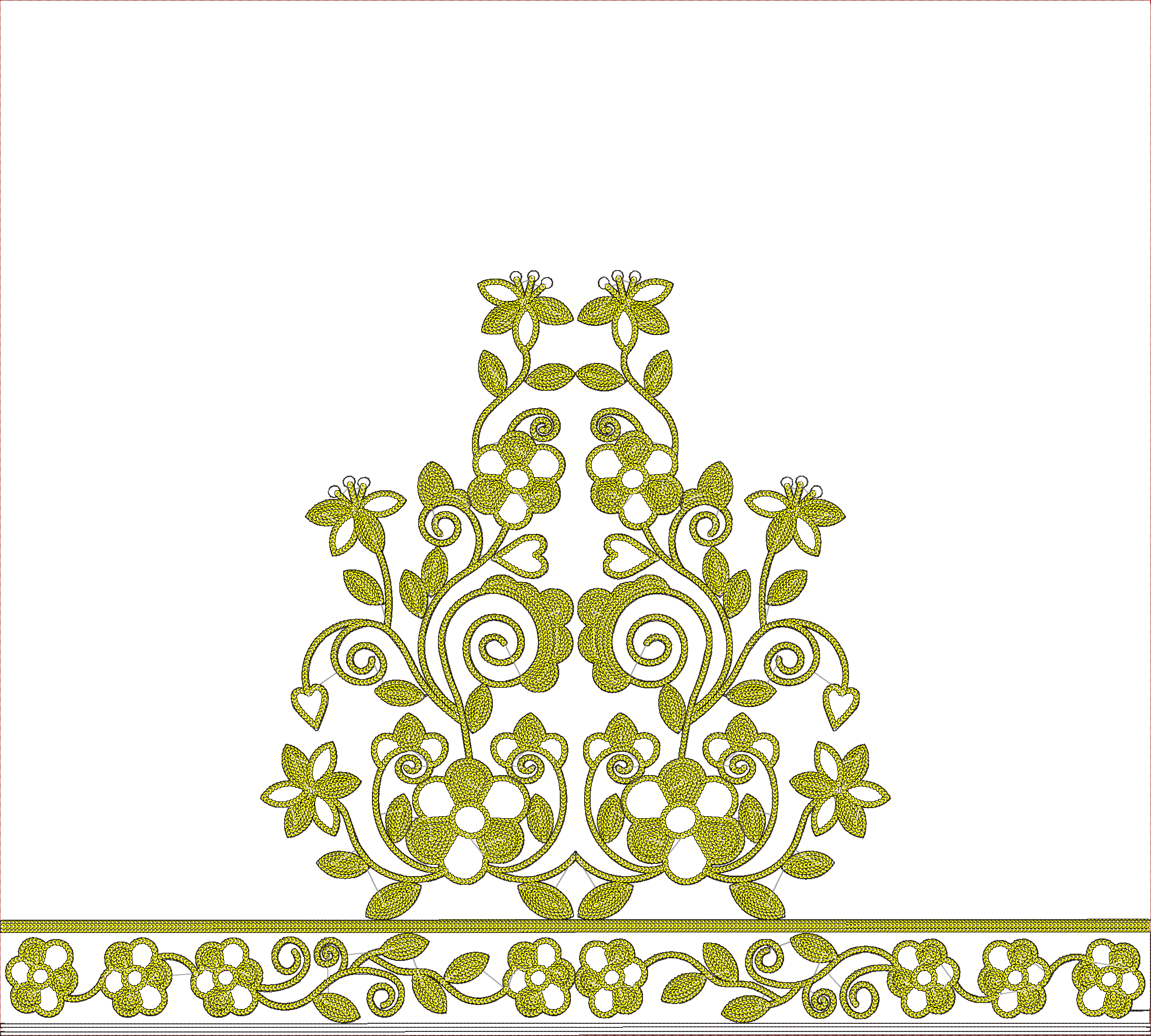 Embroidery design: A decorative yellow embroidery design featuring a floral border with scrolling vines and leaves.