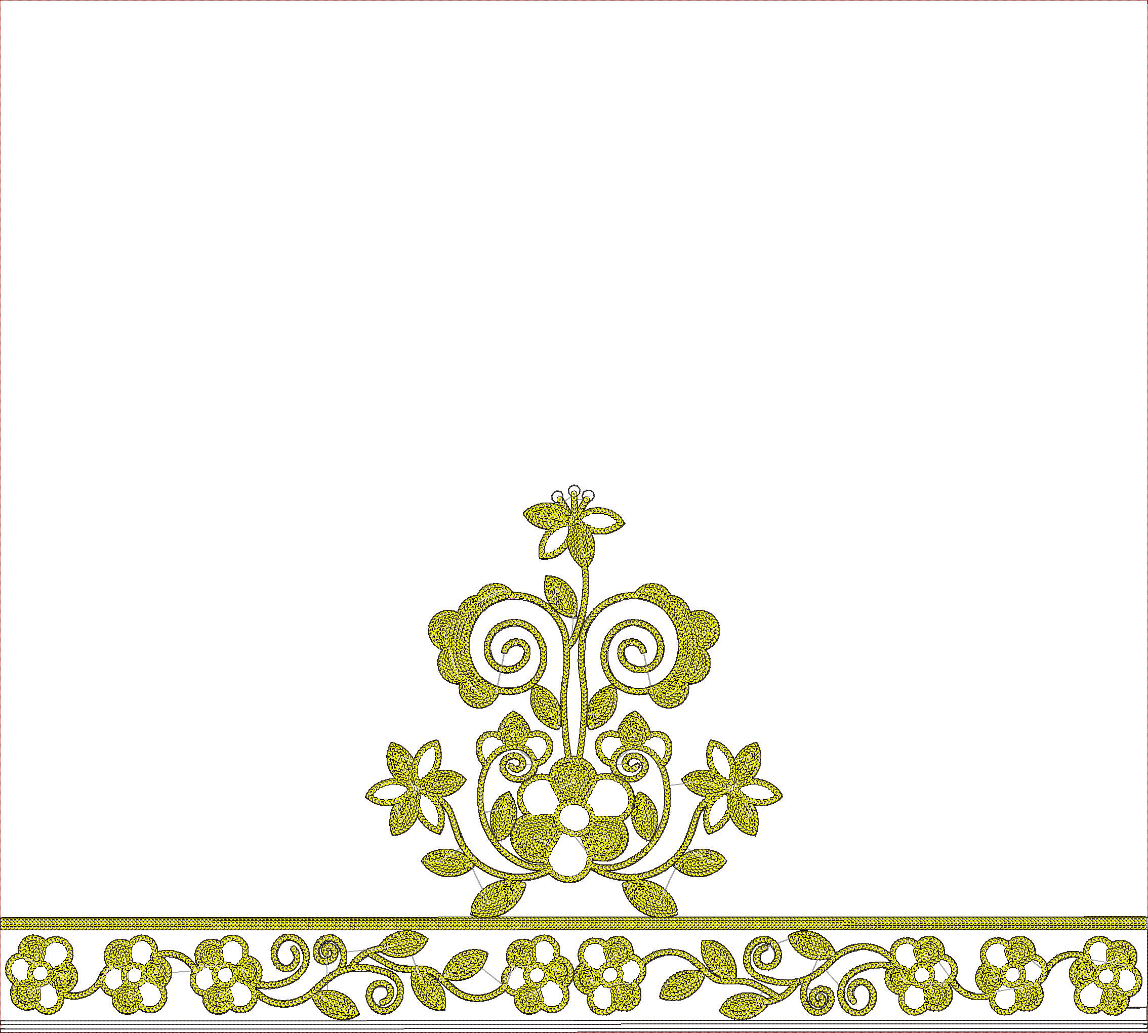 Embroidery design: A symmetrical embroidery design in yellow, featuring a central floral and vine motif with a decorative floral border at 