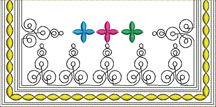 Embroidery design: An ornamental embroidery design featuring a yellow and black border with intricate scrollwork in the center and three sm