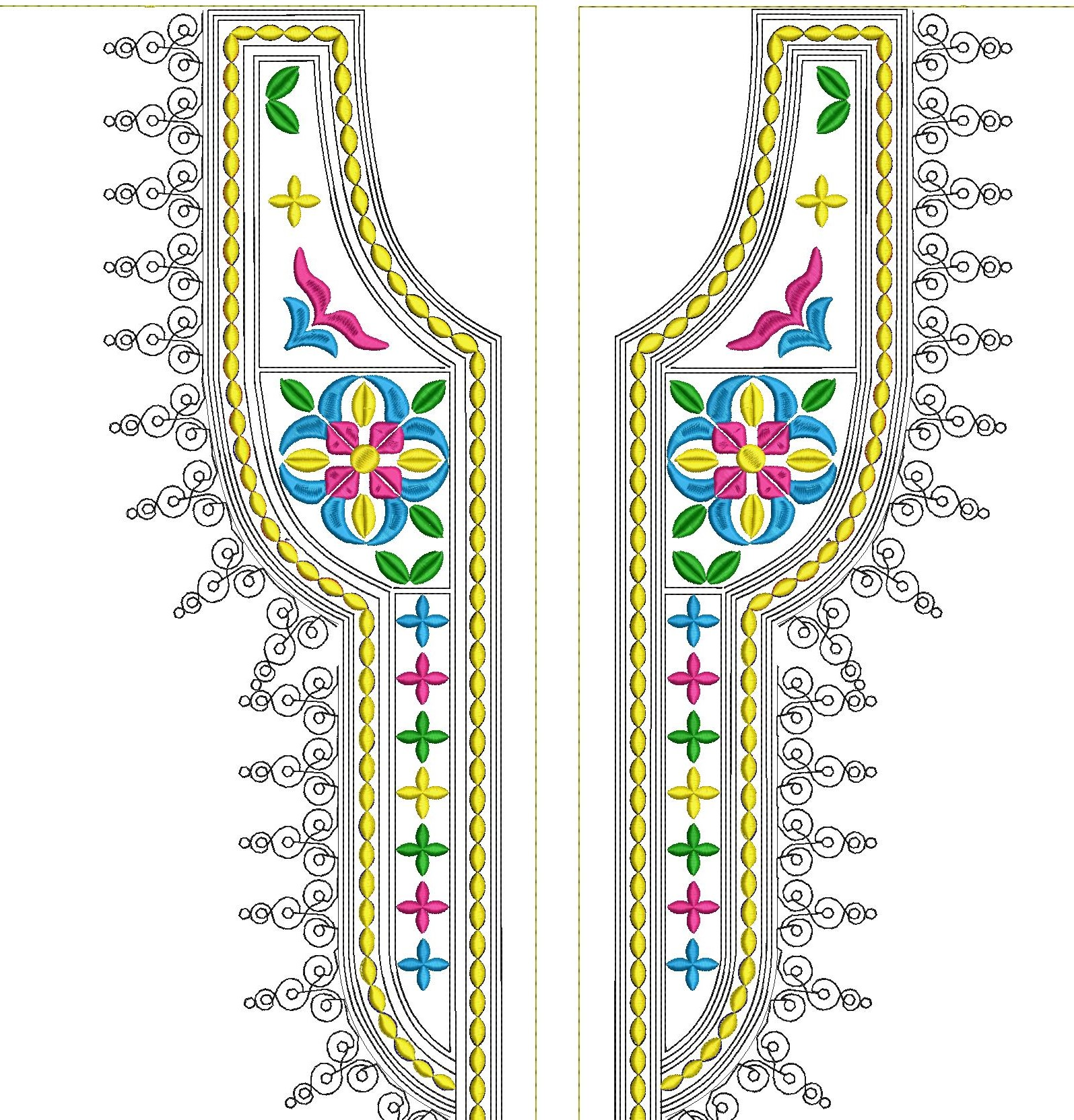 Embroidery design: A symmetrical neckline embroidery trim with colorful floral and geometric motifs in yellow, blue, pink, green, and black