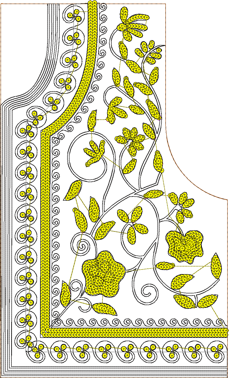 Embroidery design: An embroidery design featuring yellow floral and vine motifs with decorative borders on a white background. The design i