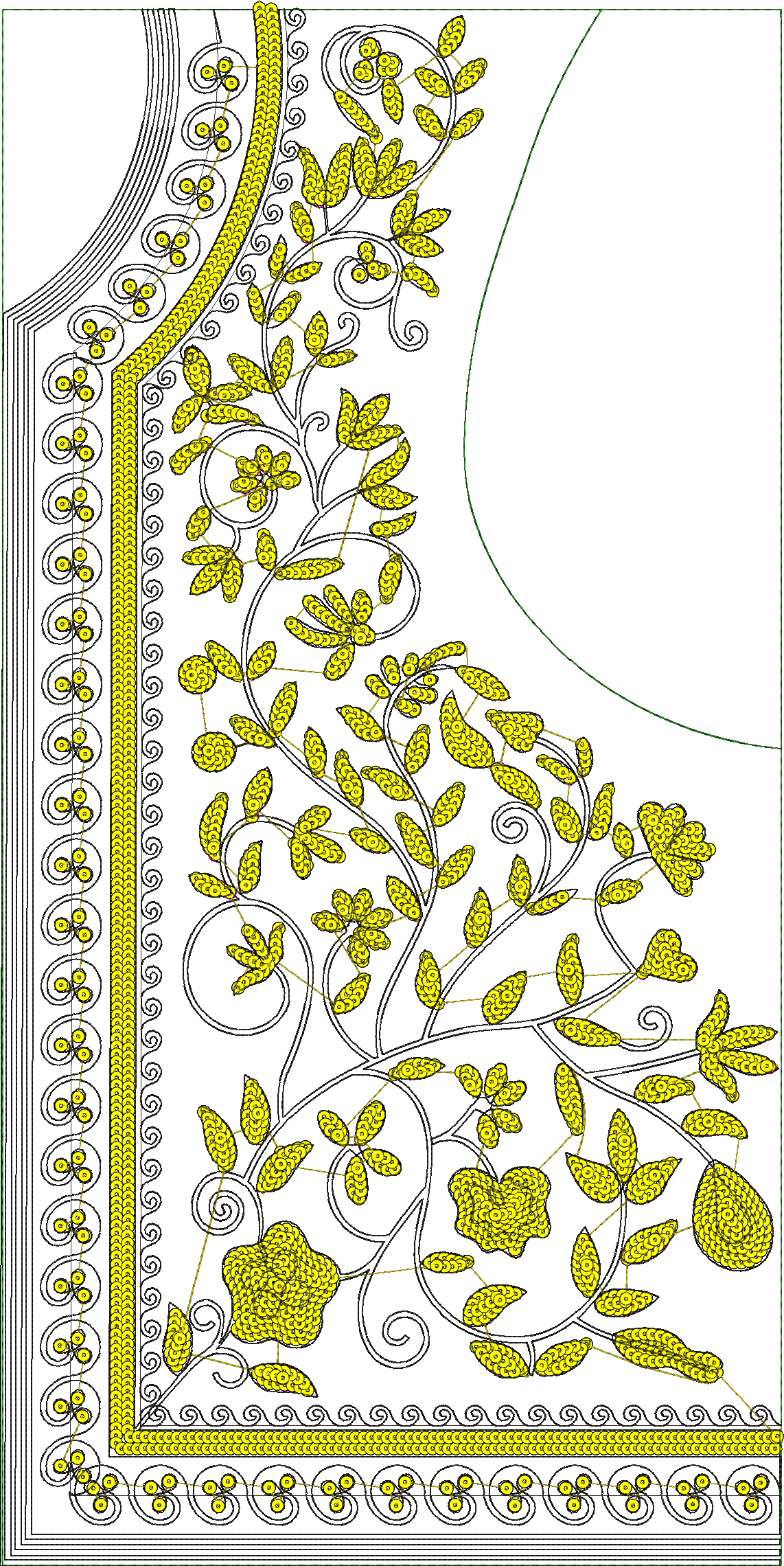 Embroidery design: An ornamental embroidery design featuring yellow floral and vine motifs with a decorative border, suitable for a necklin