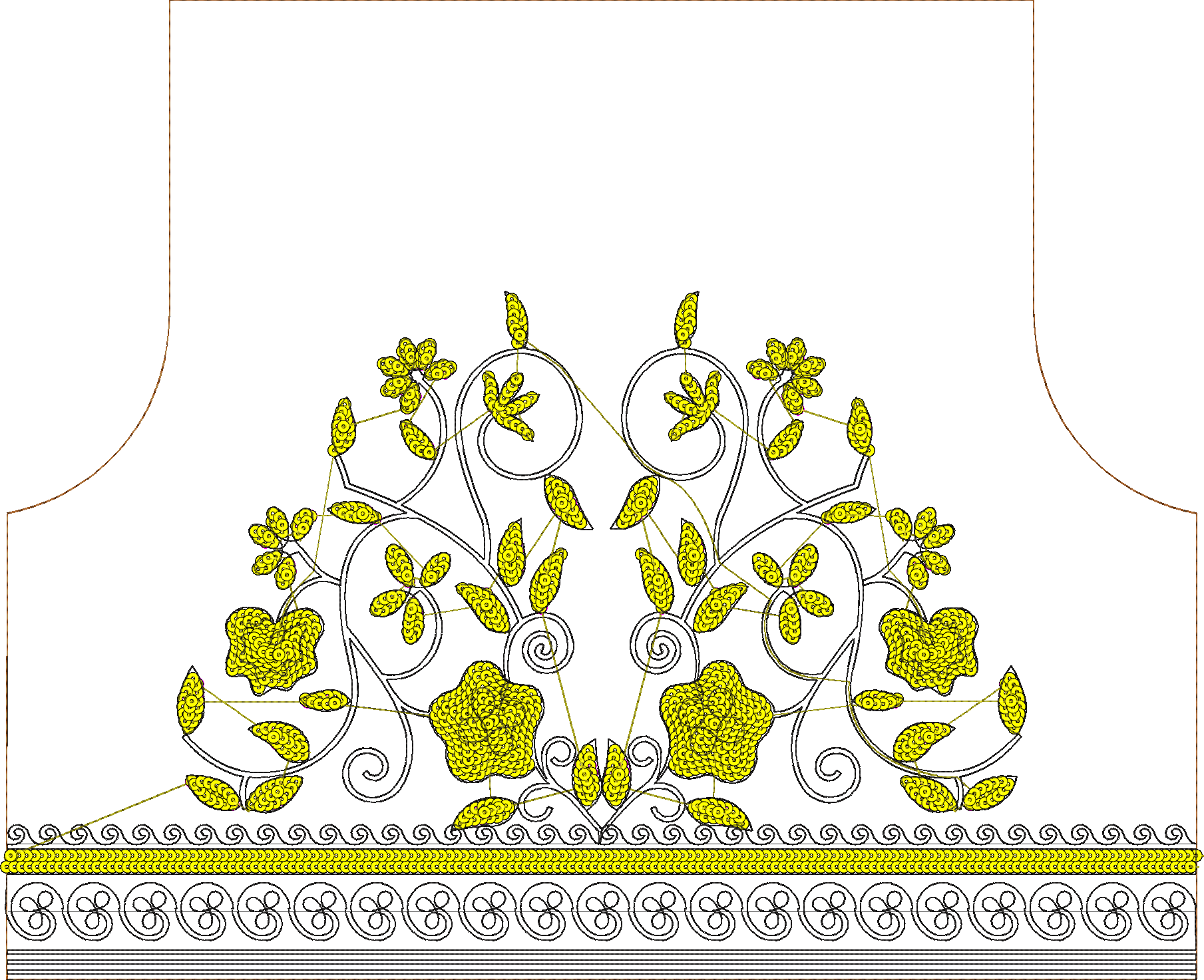 Embroidery design: A symmetrical, ornamental embroidery design featuring yellow floral and foliage motifs with scrollwork and a decorative 