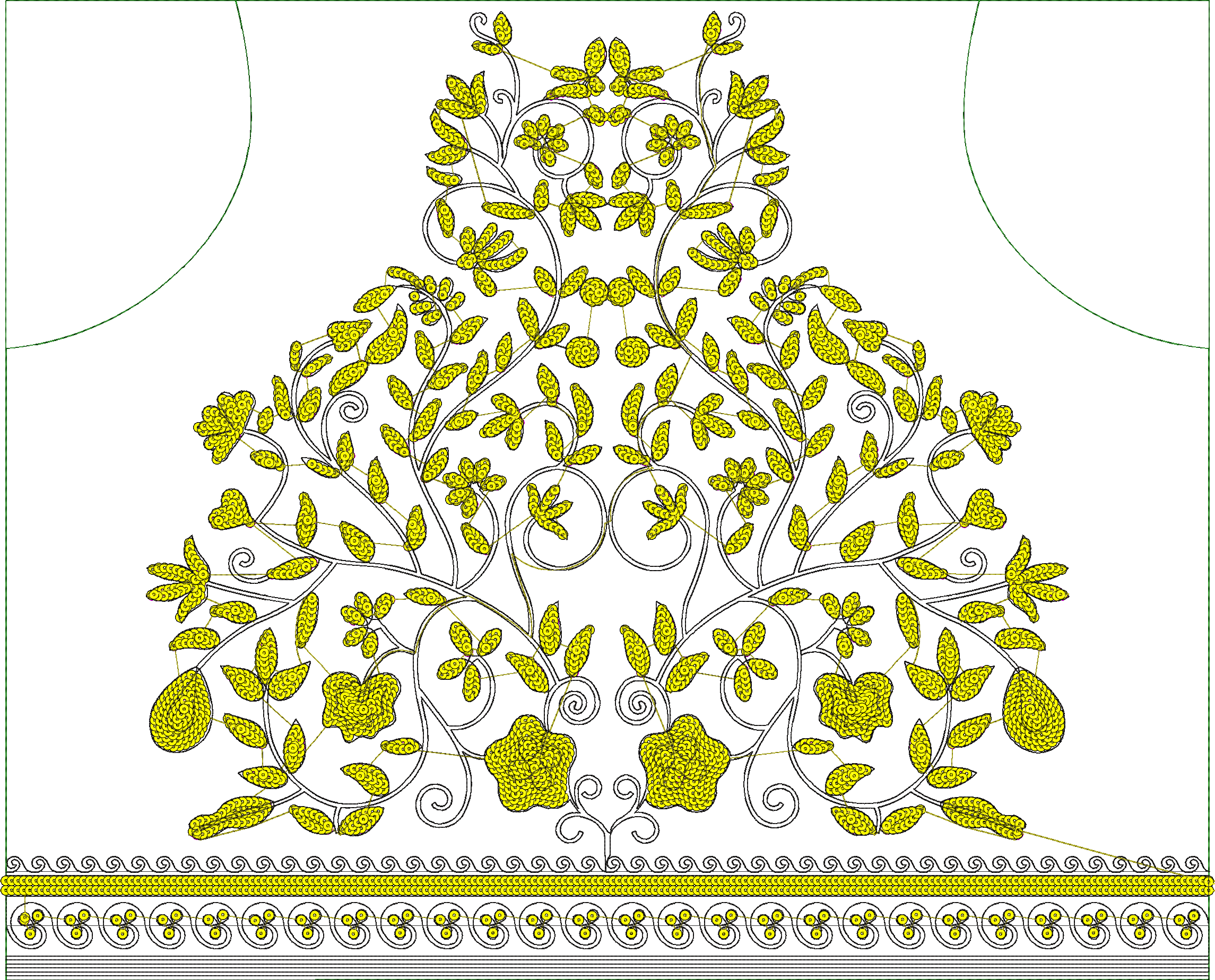 Embroidery design: A symmetrical, ornamental embroidery design featuring yellow floral and botanical elements with vine and foliage details