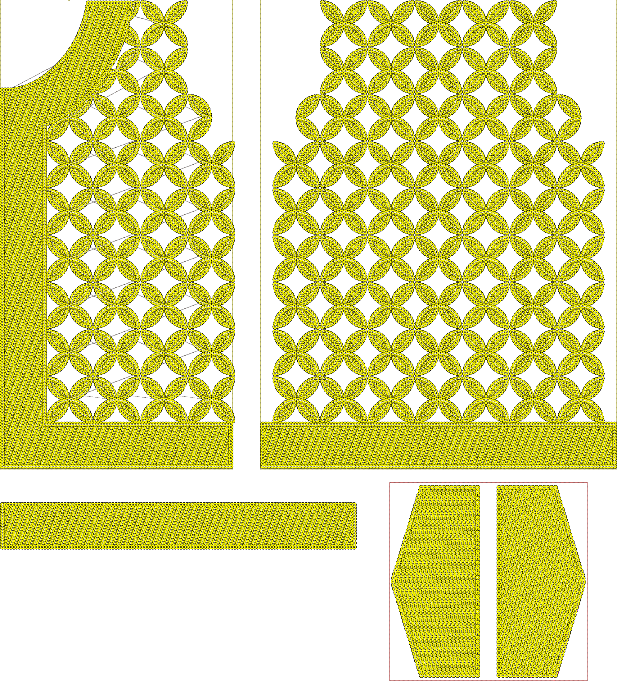 Embroidery design: A repeating embroidery design in yellow featuring a geometric medallion pattern with solid textured borders.