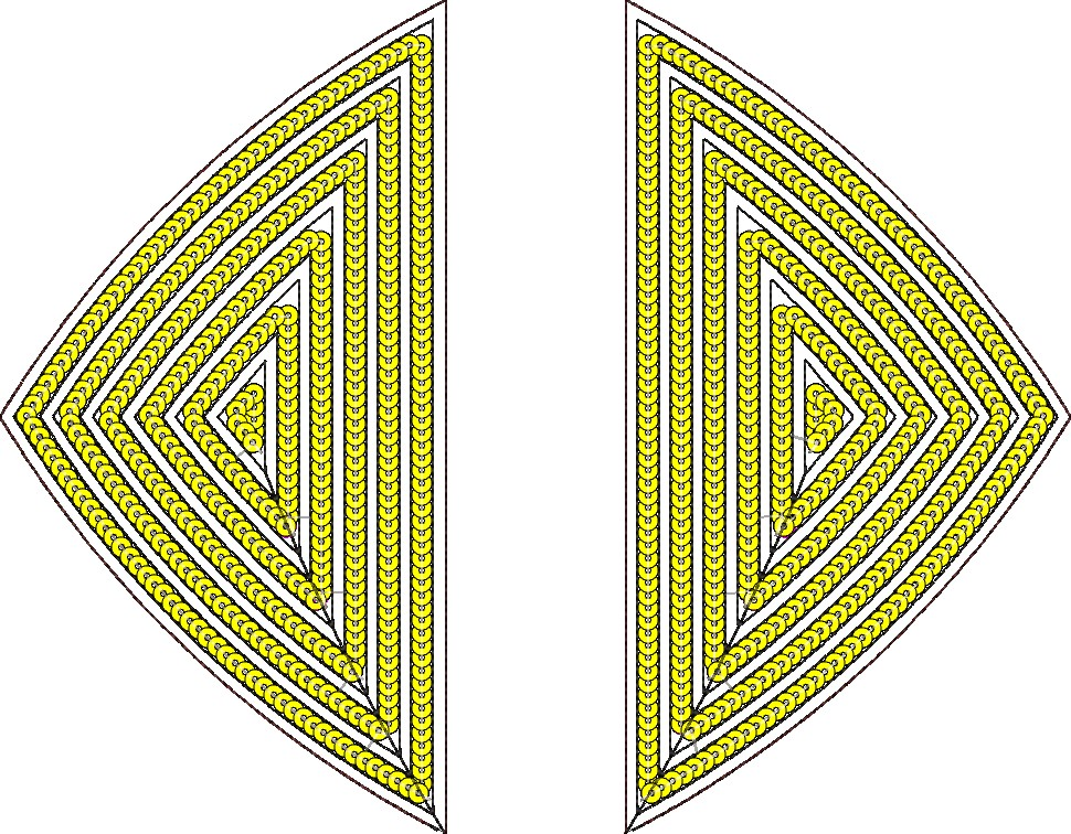 Embroidery design: Two mirrored, fan-shaped embroidery designs featuring concentric diamond patterns made of yellow circular motifs, outlin