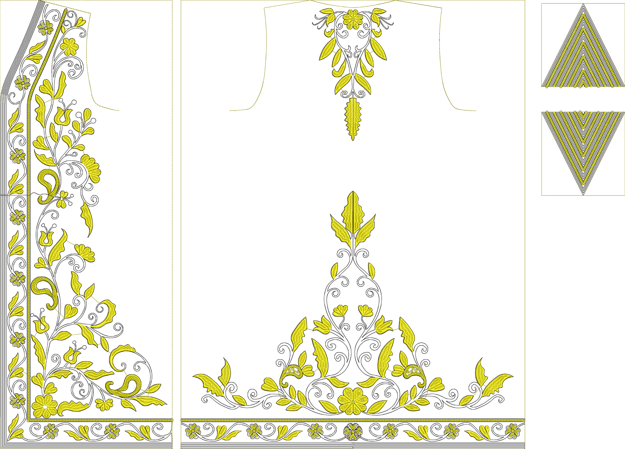 Embroidery design: An embroidery design featuring intricate yellow and black floral and vine motifs in a traditional, ornamental, and ethni