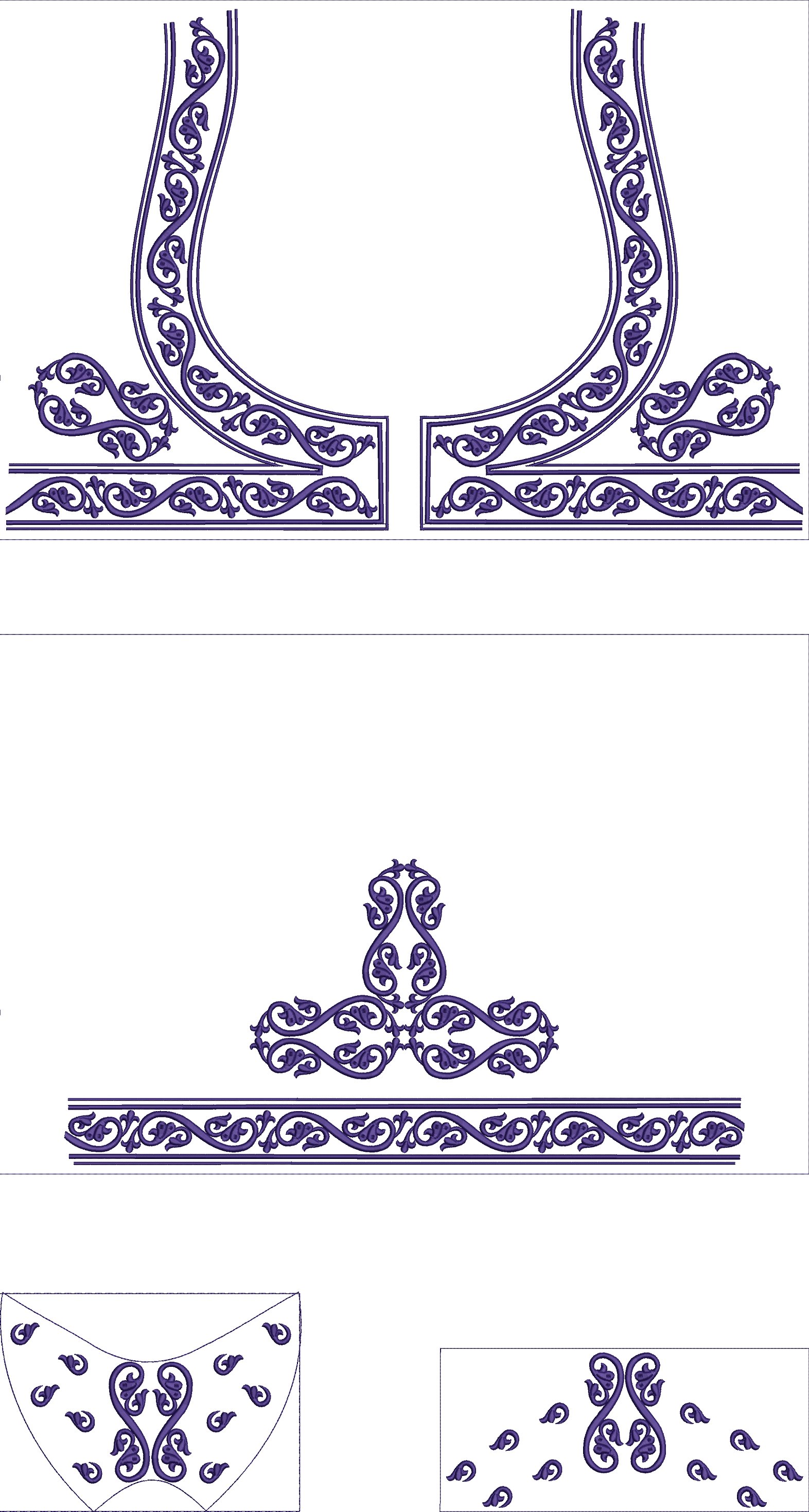 Embroidery design: A traditional purple embroidery design featuring ornamental floral and vine motifs, suitable for borders, necklines, or 