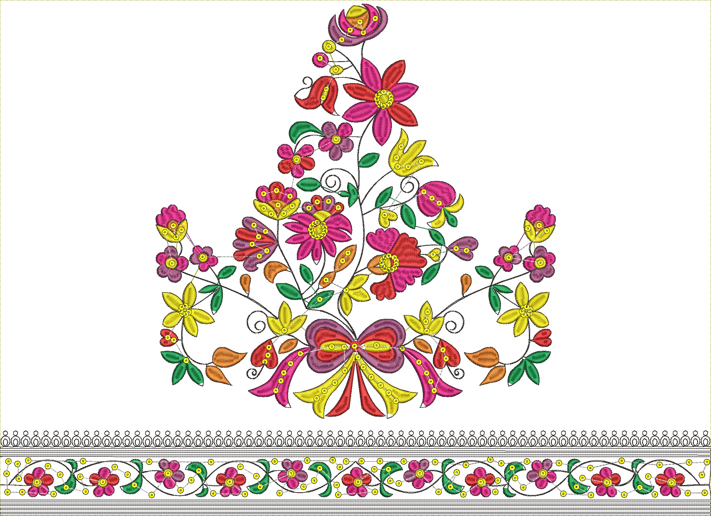 Embroidery design: An embroidery design featuring a vibrant, symmetrical floral arrangement with a decorative bow at the top, and a repeati