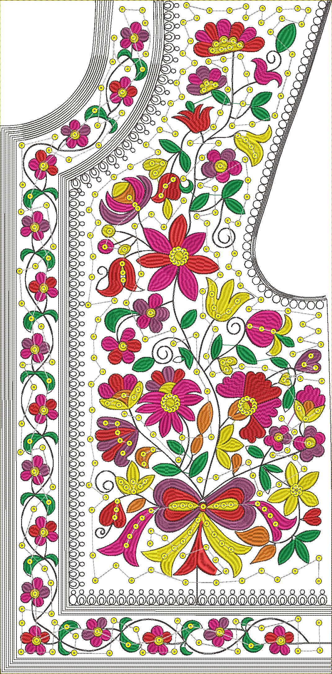 Embroidery design: An ornamental embroidery design featuring a colorful arrangement of flowers, leaves, and a central bow, with a decorativ