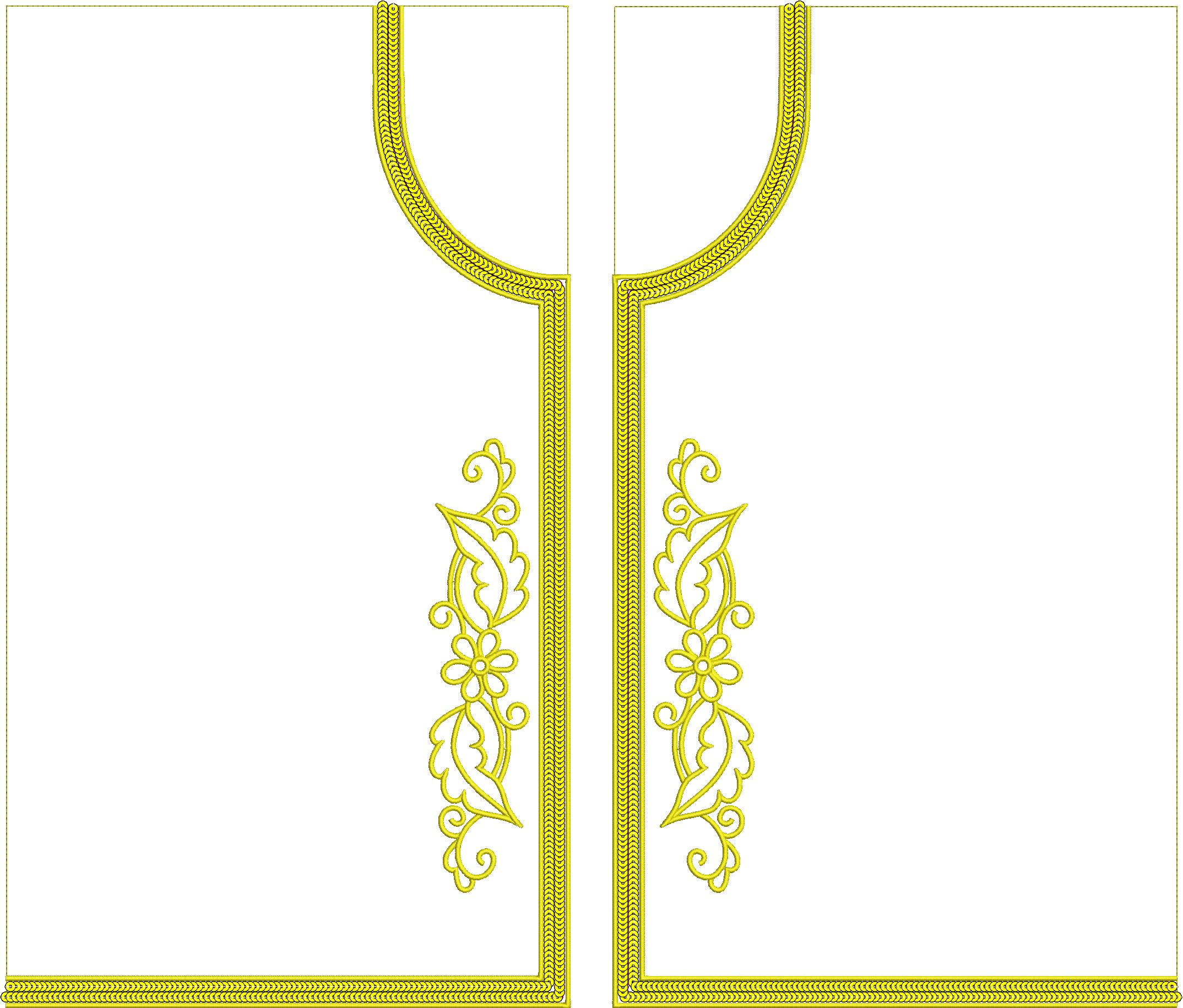 Embroidery design: An ornamental embroidery design for a neckline and front panel featuring golden-yellow stylized flowers, foliage, and sc