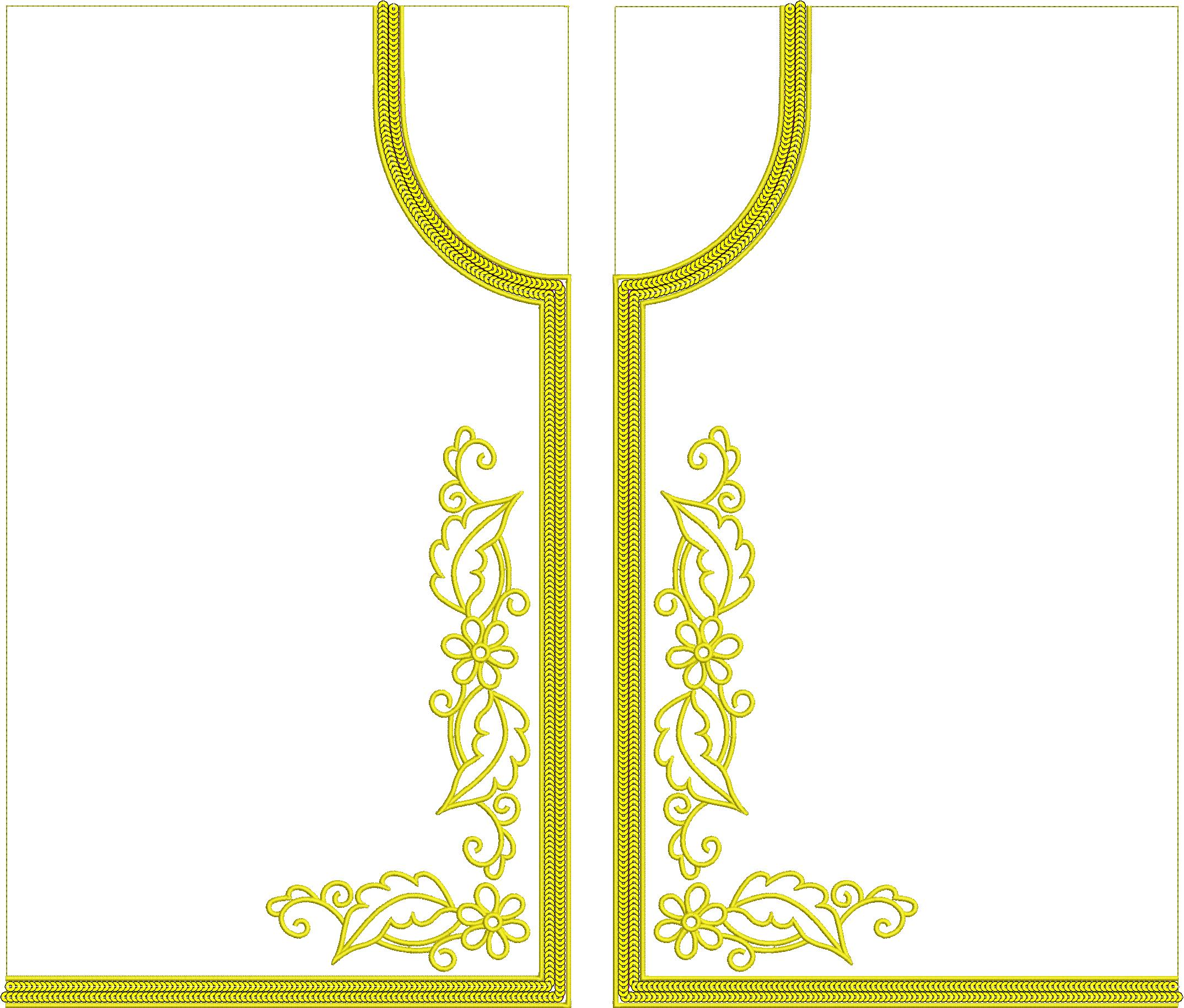 Embroidery design: A symmetrical decorative embroidery design in golden-yellow, featuring stylized floral and vine motifs, suitable for a g
