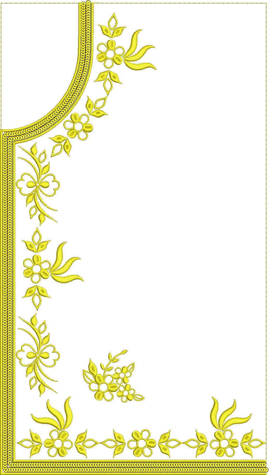 Embroidery design: A yellow floral embroidery design featuring a decorative ornamental border with vine and leaf motifs.