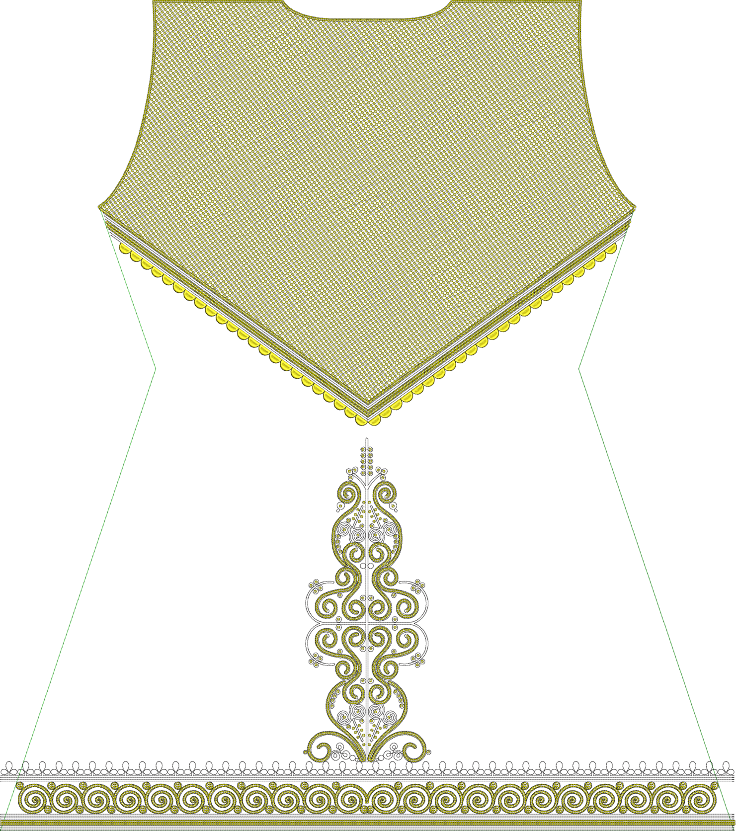 Embroidery design: An embroidery design featuring a gold and white yoke with a scalloped edge, a central ornamental panel with scrollwork, 