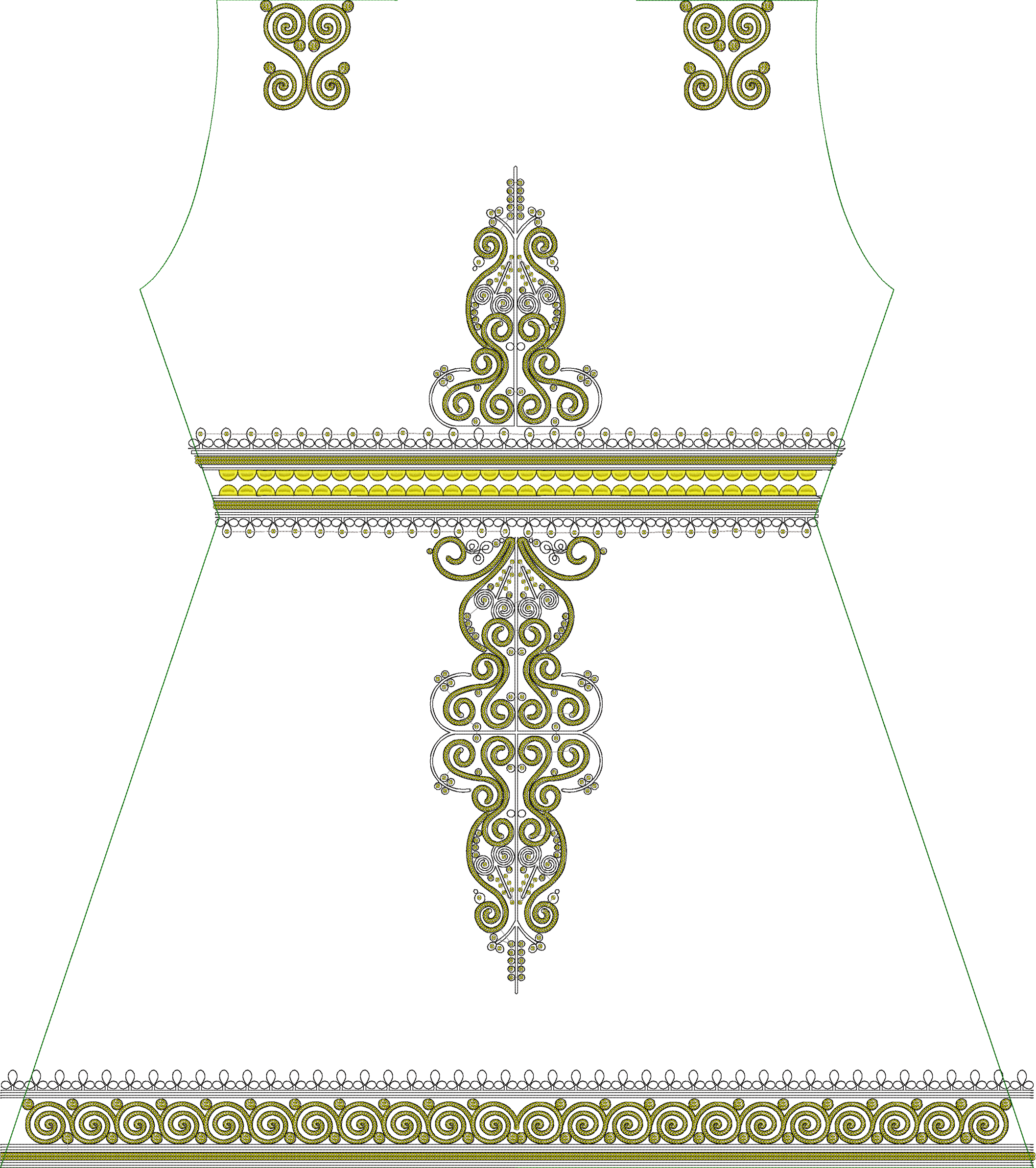 Embroidery design: An ornamental embroidery design featuring intricate gold and black scrollwork with yellow accents, arranged in a symmetr