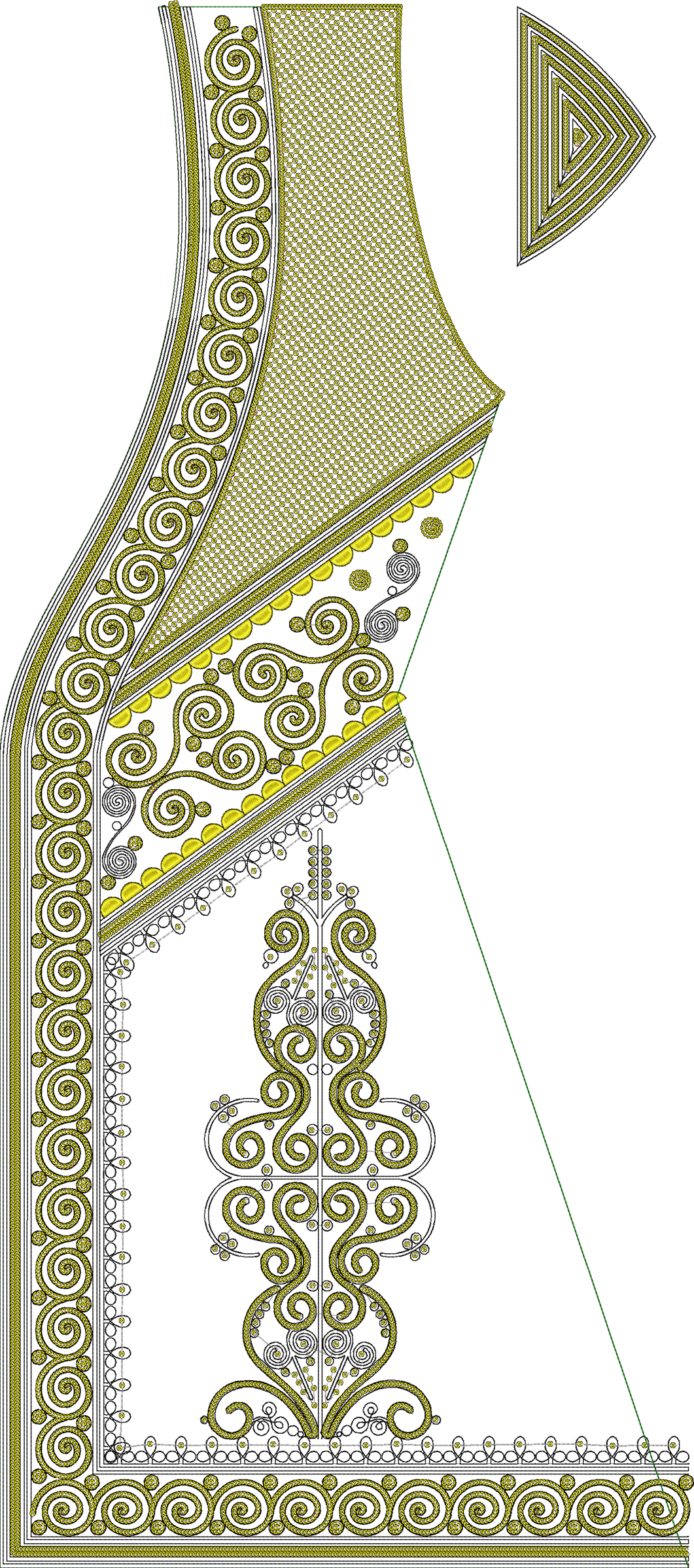 Embroidery design: An ornate embroidery design featuring intricate golden scrollwork, geometric patterns, and a decorative scalloped border